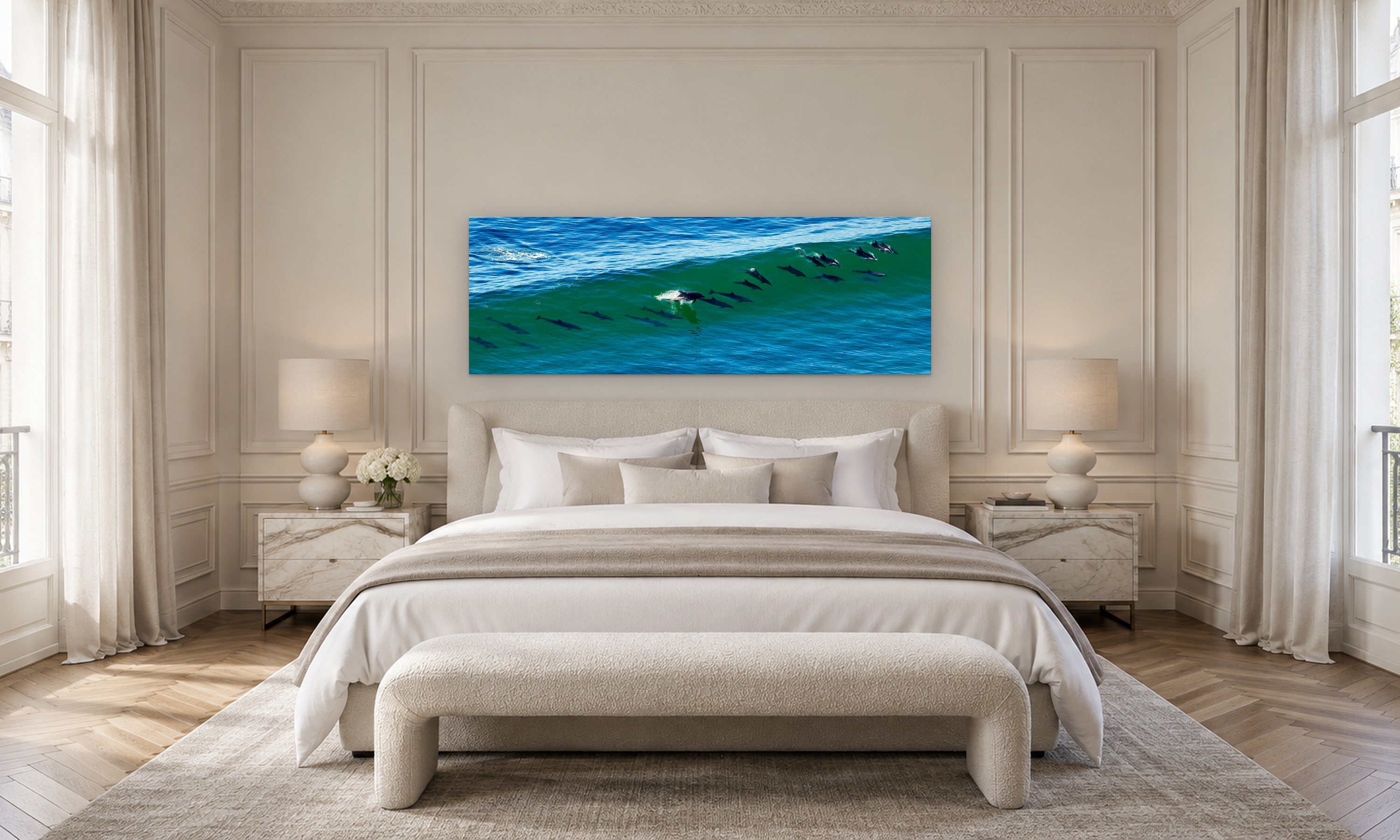 21 Dolphins by Aaron Chang, shown in a Parisian bedroom