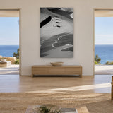3 Surfers Black & White by Aaron Chang, shown in a living room with ocean doorways