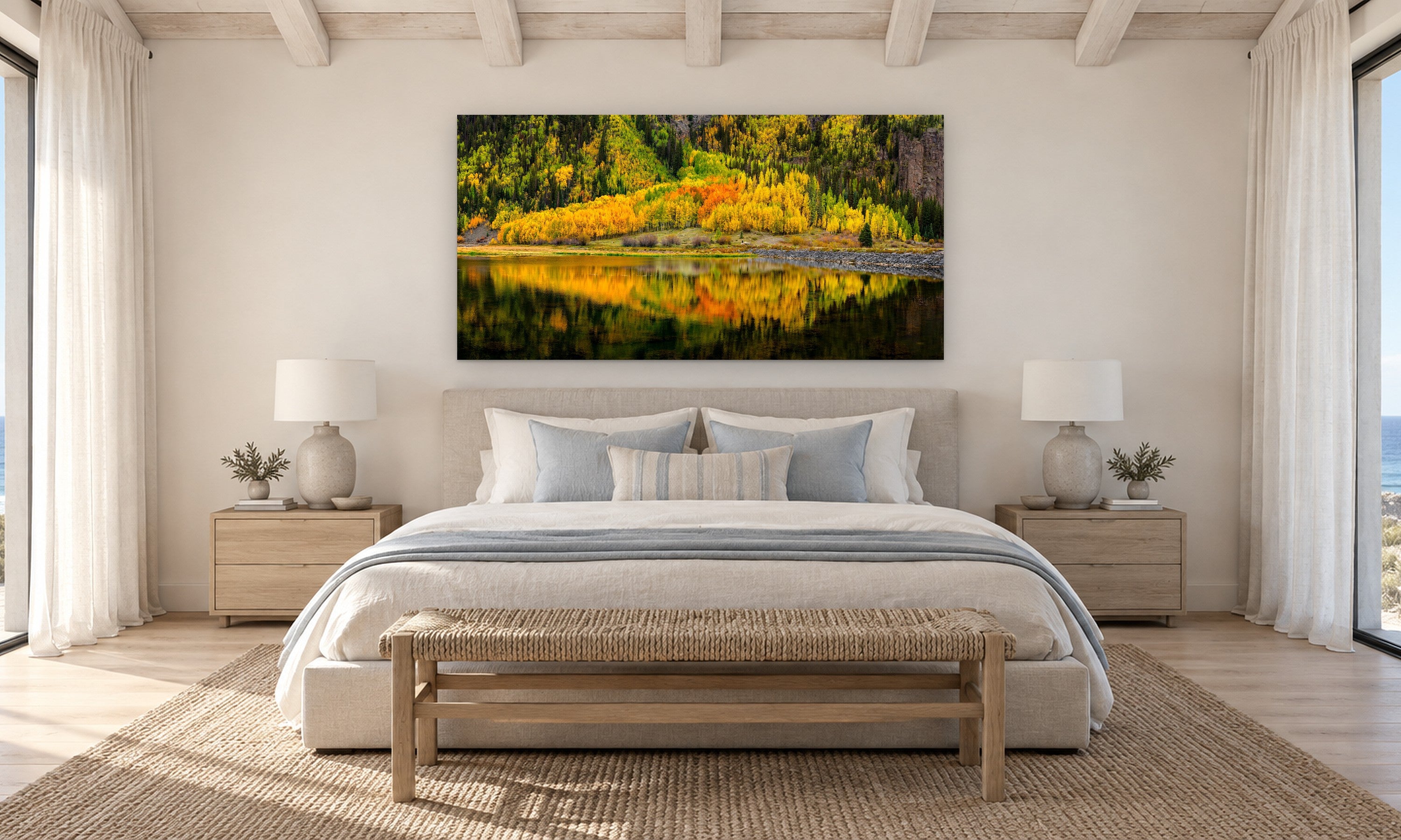 Aspen Mirror by Aaron Chang, shown in a coastal bedroom