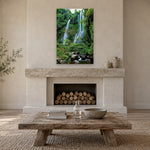 Bali Waterfall by Aaron Chang, shown in a coastal living room with a fireplace