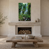 Bali Waterfall by Aaron Chang, shown in a coastal living room with a fireplace