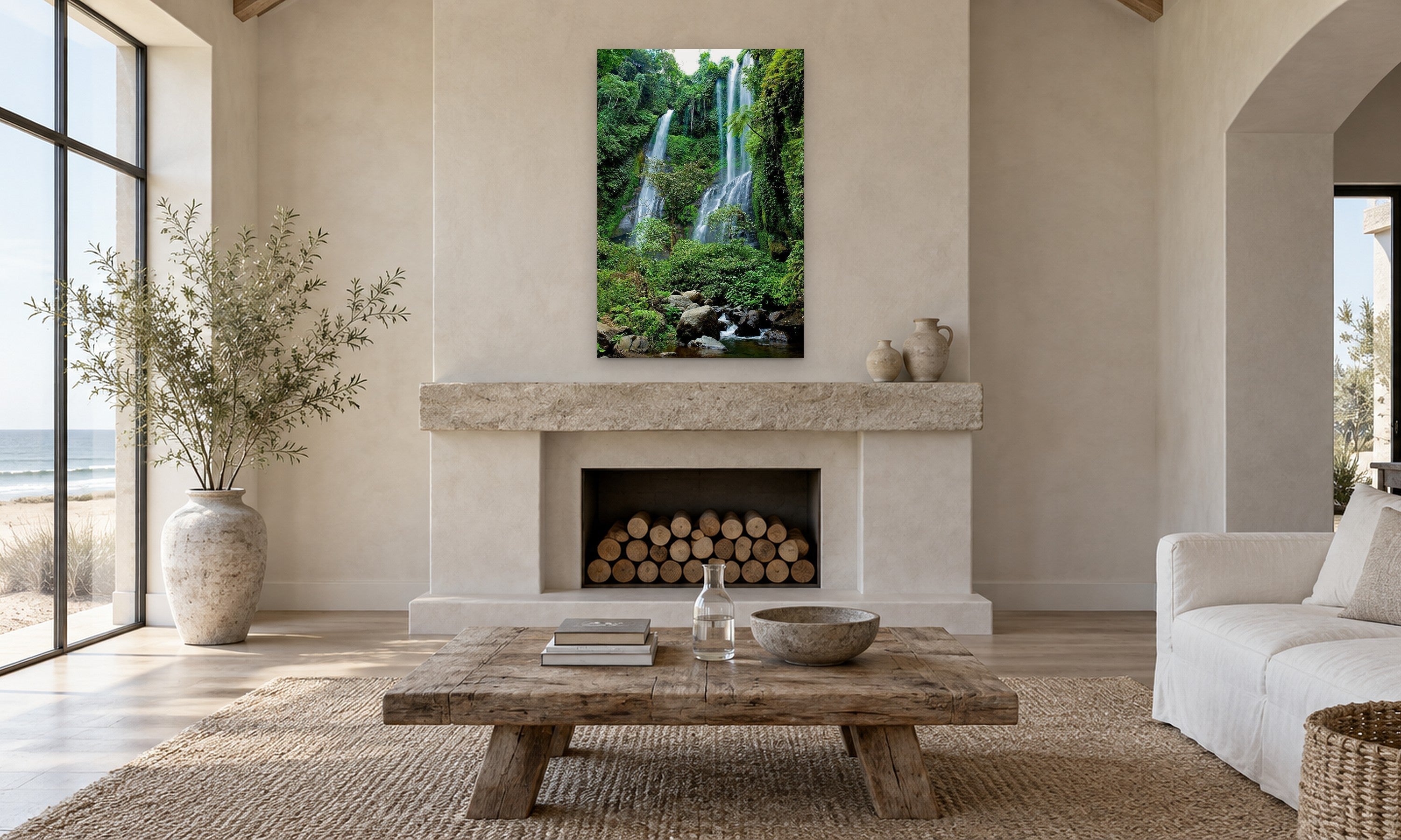 Bali Waterfall by Aaron Chang, shown in a coastal living room with a fireplace