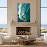Big Blue by Aaron Chang, shown in a beach-house living room with a fireplace