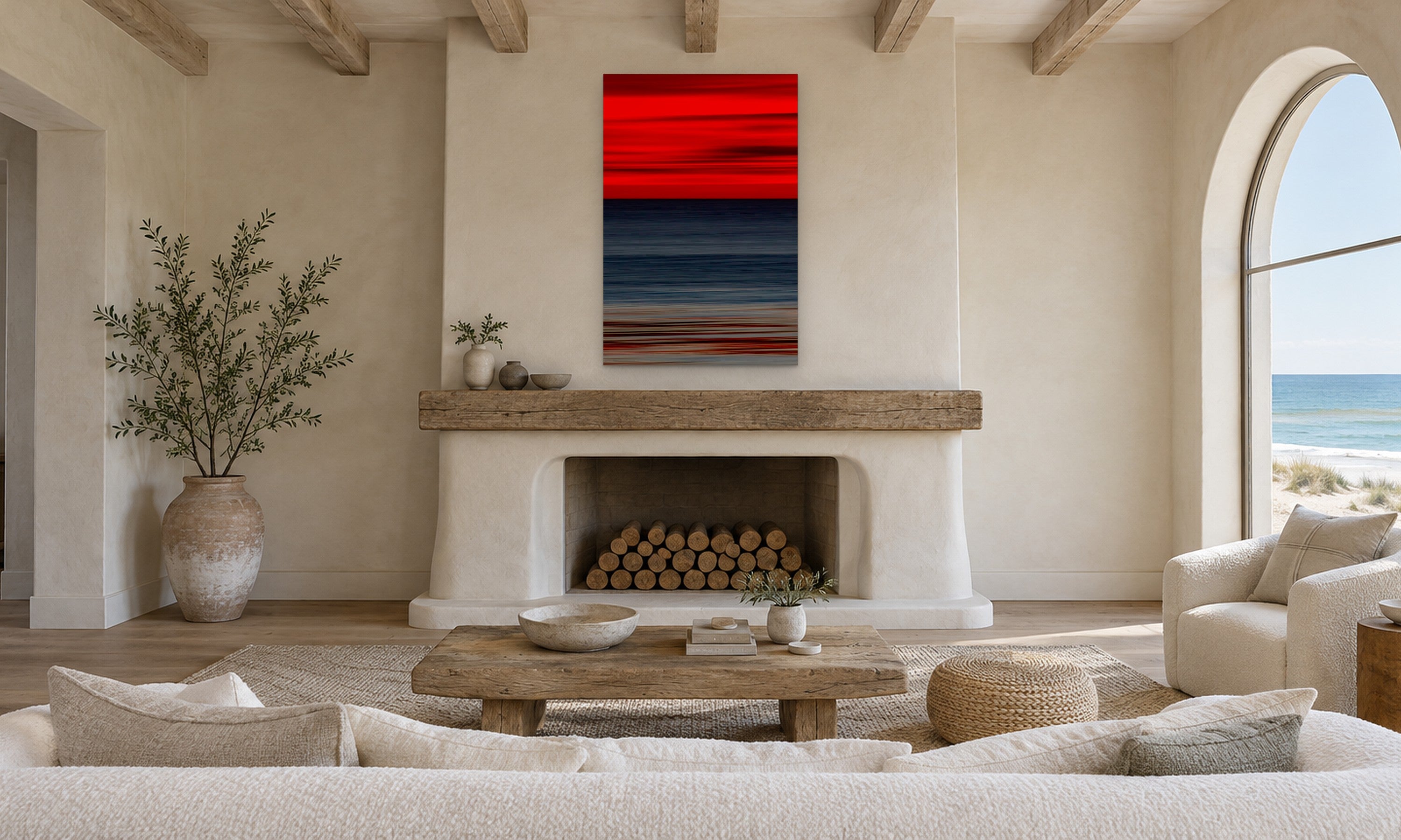 Blue Obsidian Vertical by Aaron Chang, shown in a beamed living room with a fireplace