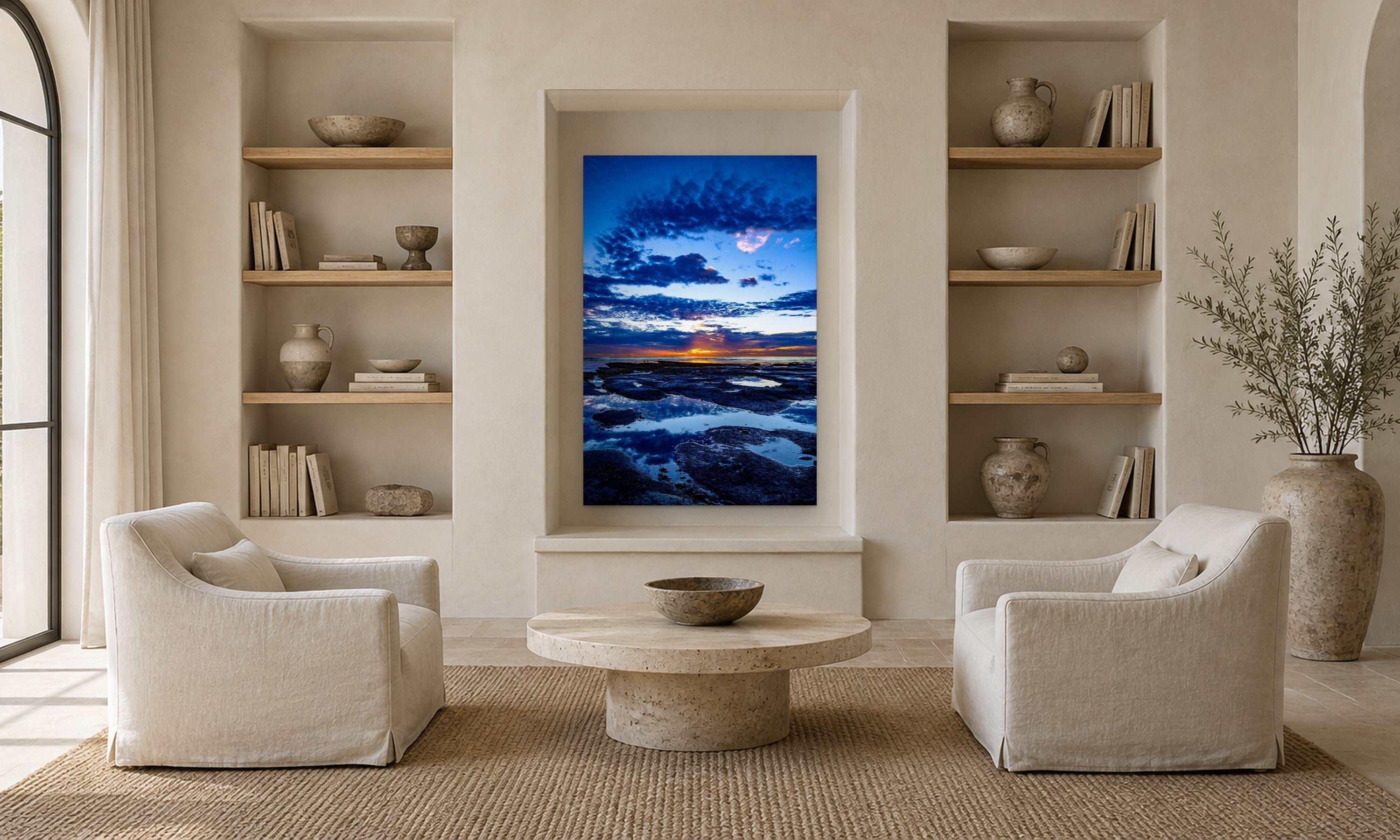Blue Rhapsody by Aaron Chang, shown in a living room with a plaster niche