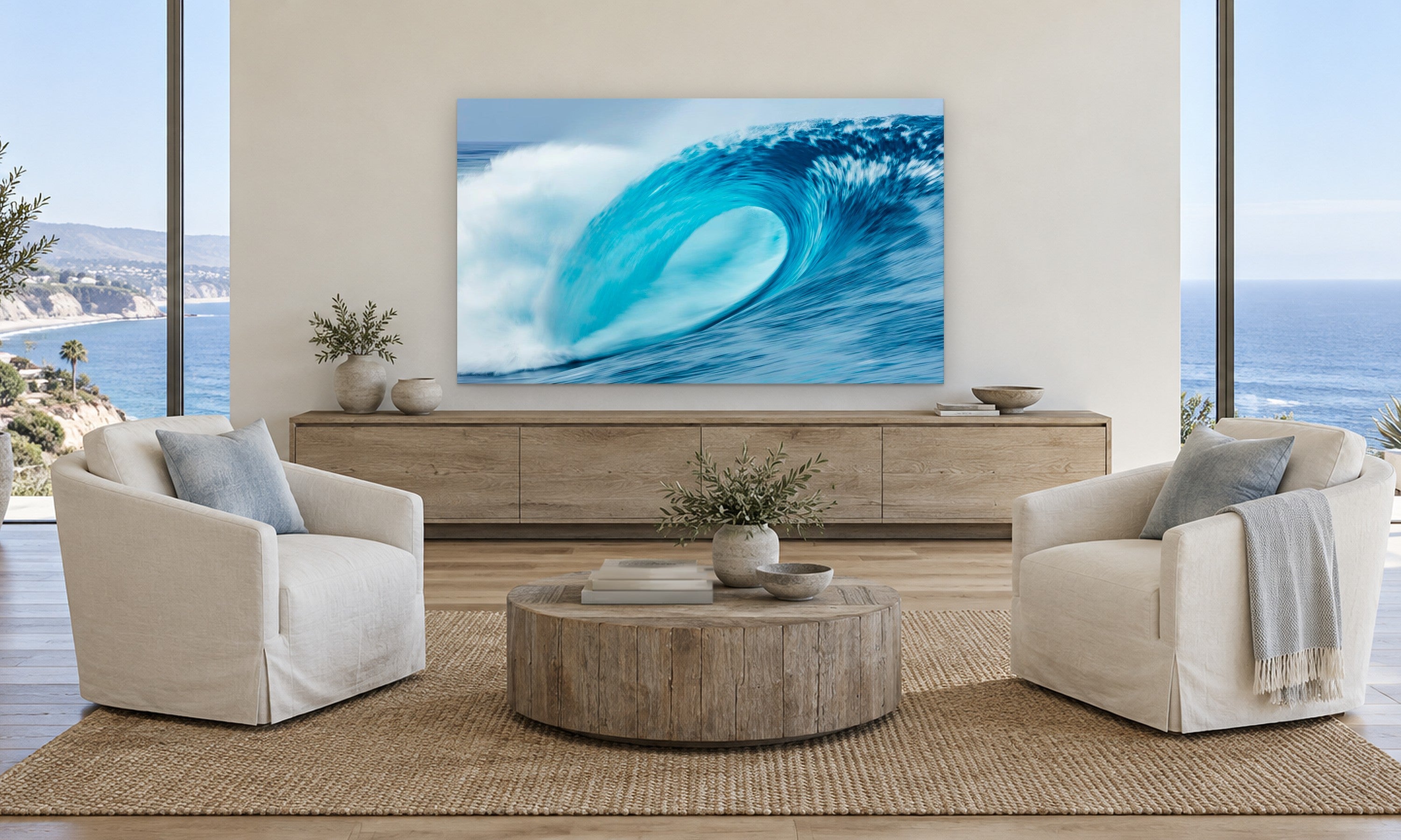 Blue Infinity by Aaron Chang, shown in a coastal family room