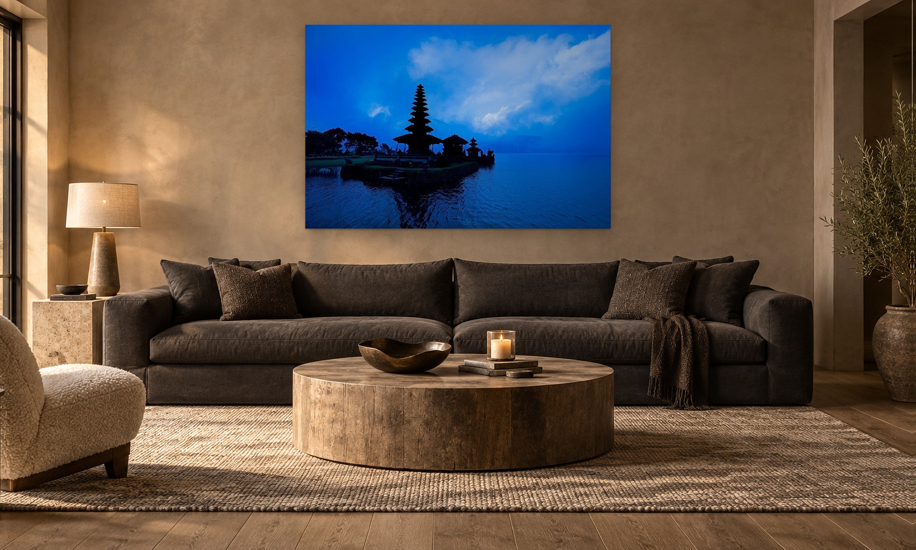 Bali Temple by Aaron Chang, shown in a warm modern living room