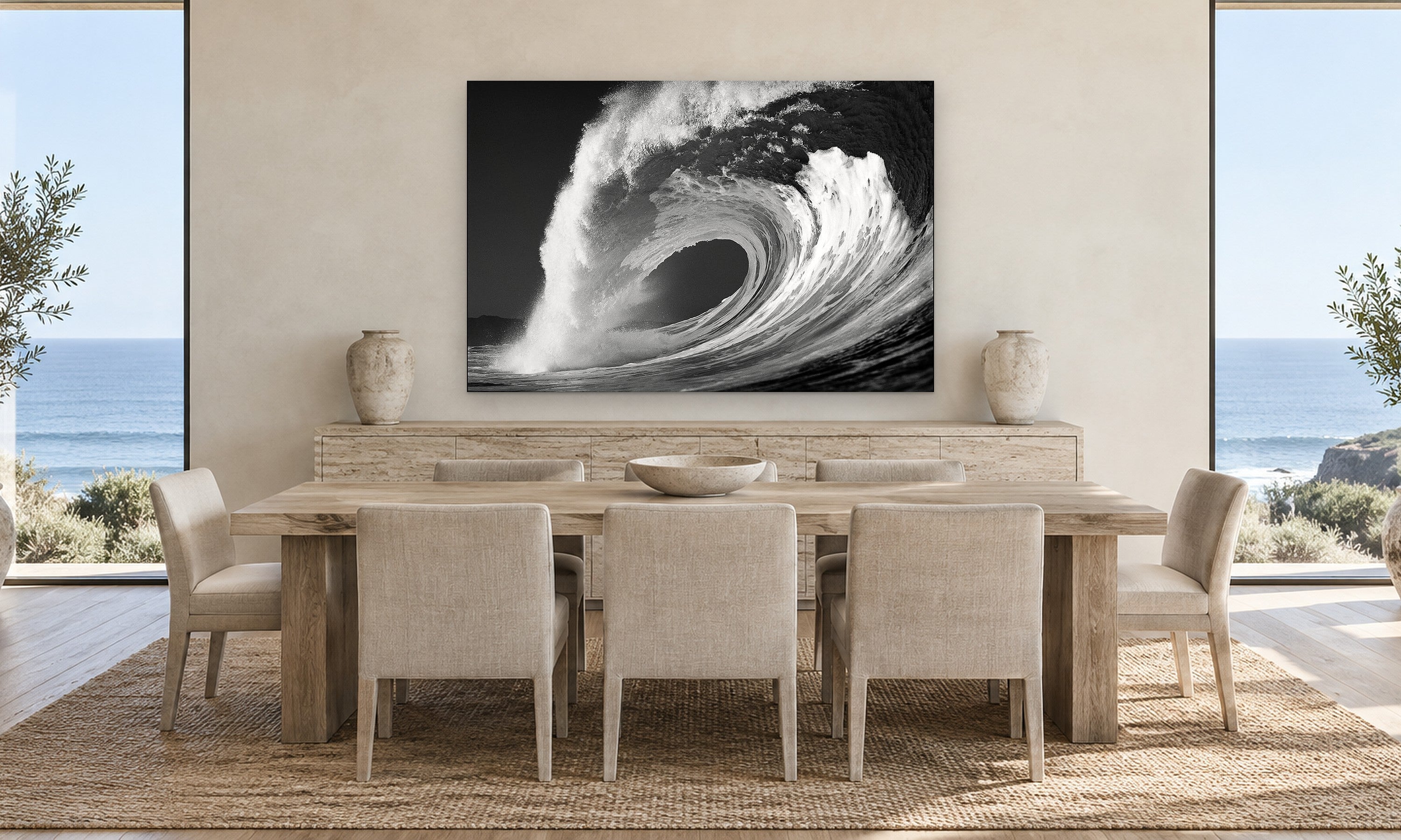 Bonzai Pipeline by Aaron Chang, shown in a coastal dining room