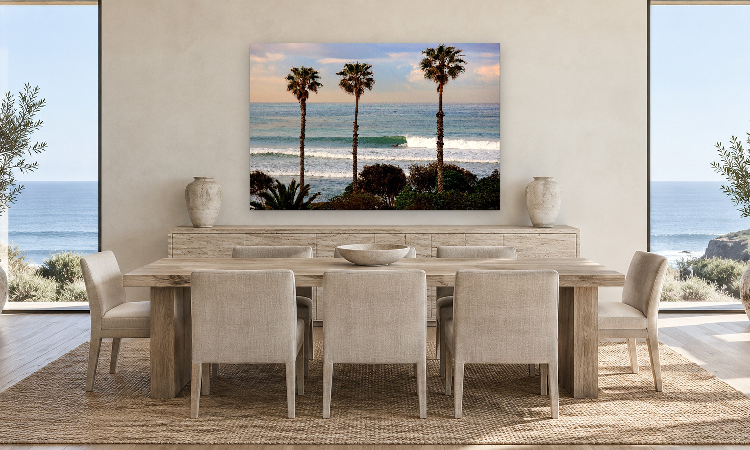 Cardiff Longboarder by Aaron Chang, shown in a coastal dining room