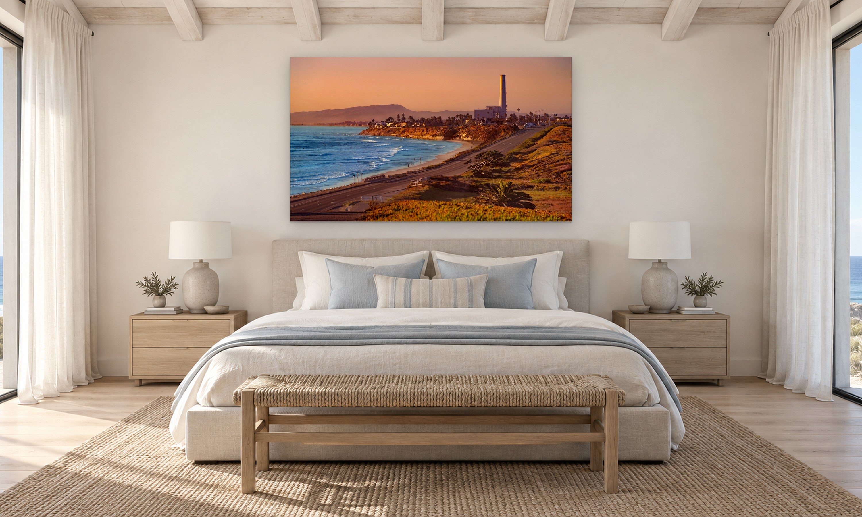 Carlsbad Coastline by Aaron Chang, shown in a coastal bedroom