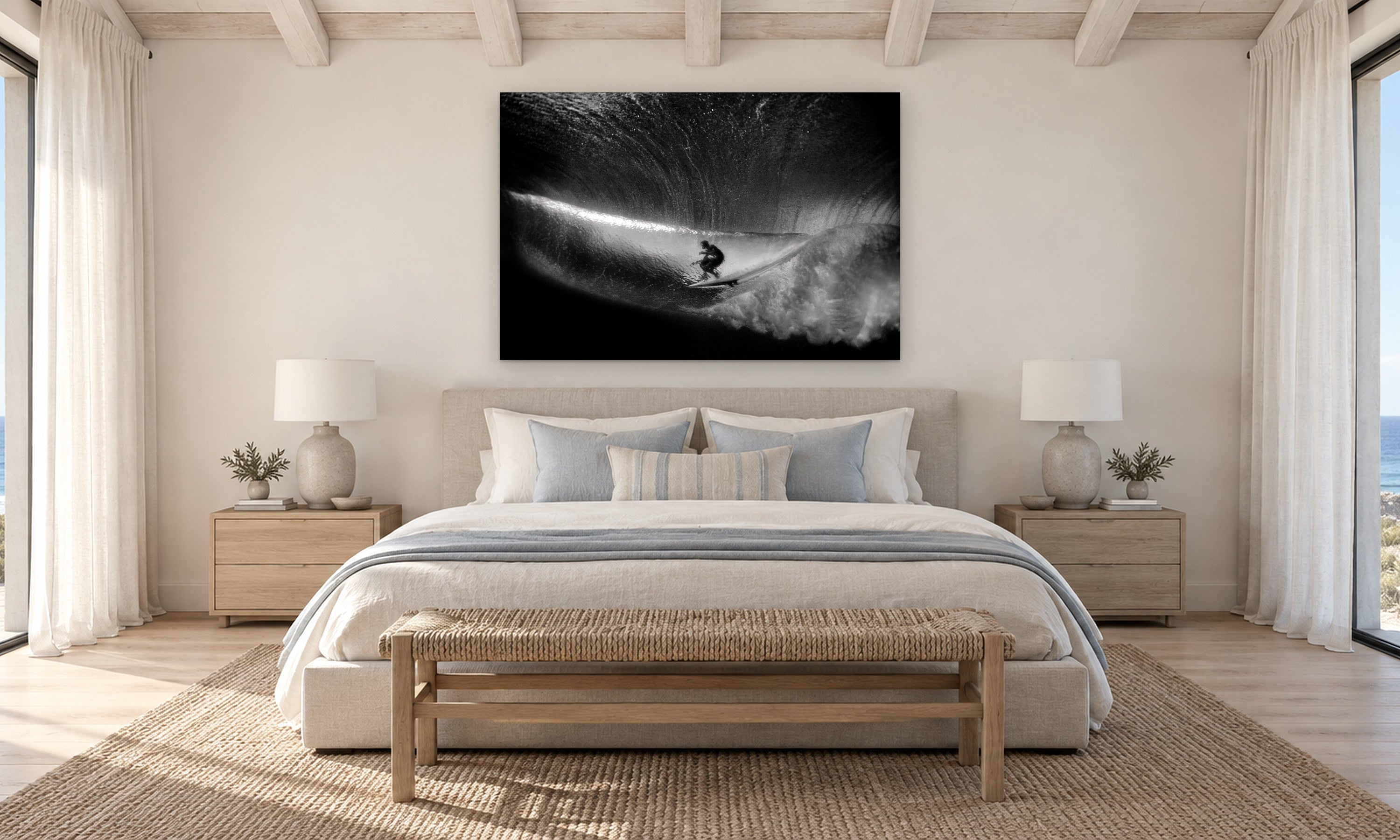 Cory Lopez at Teahupoo by Aaron Chang, shown in a coastal bedroom