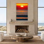 Del Mar Sunset by Aaron Chang, shown in a beach-house living room with a fireplace