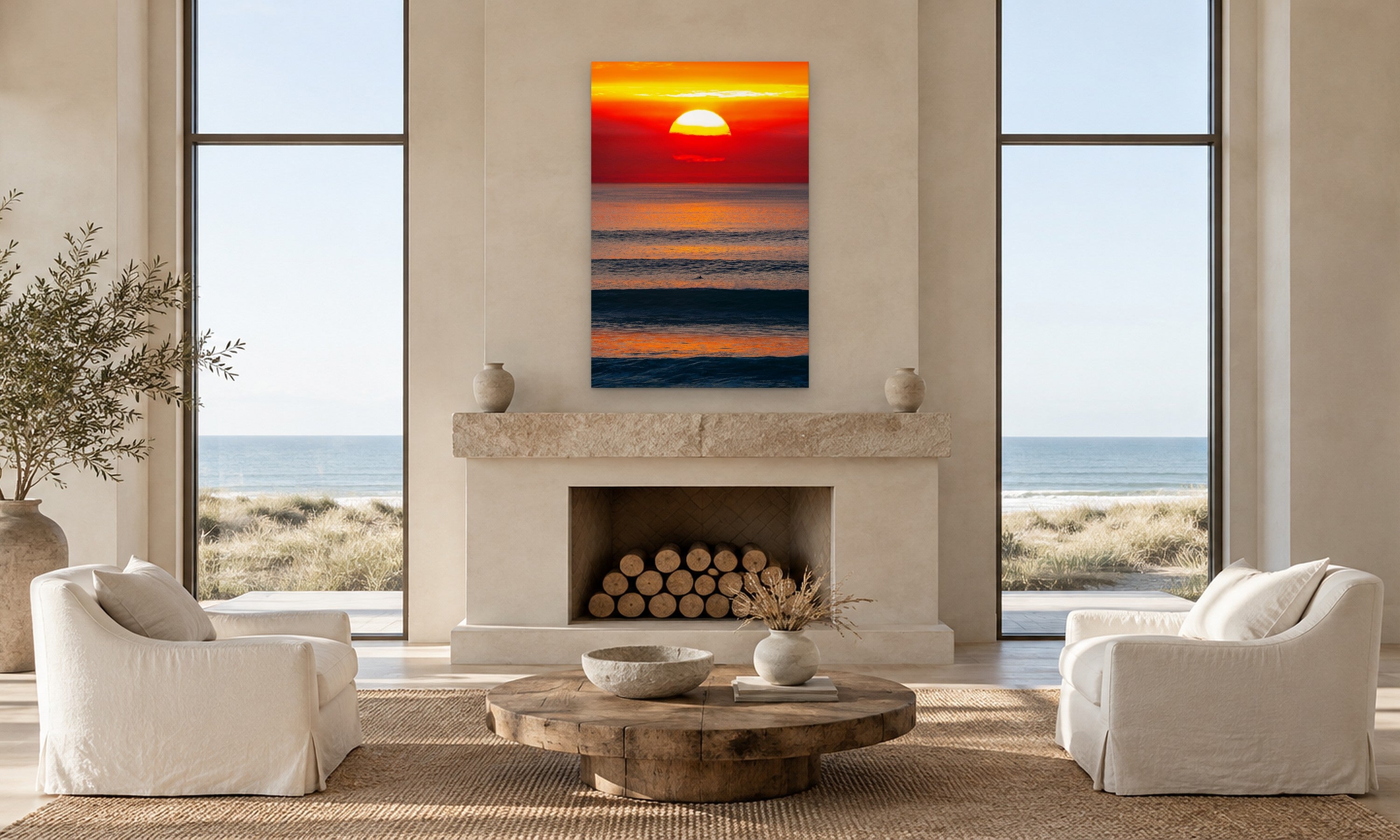 Del Mar Sunset by Aaron Chang, shown in a beach-house living room with a fireplace