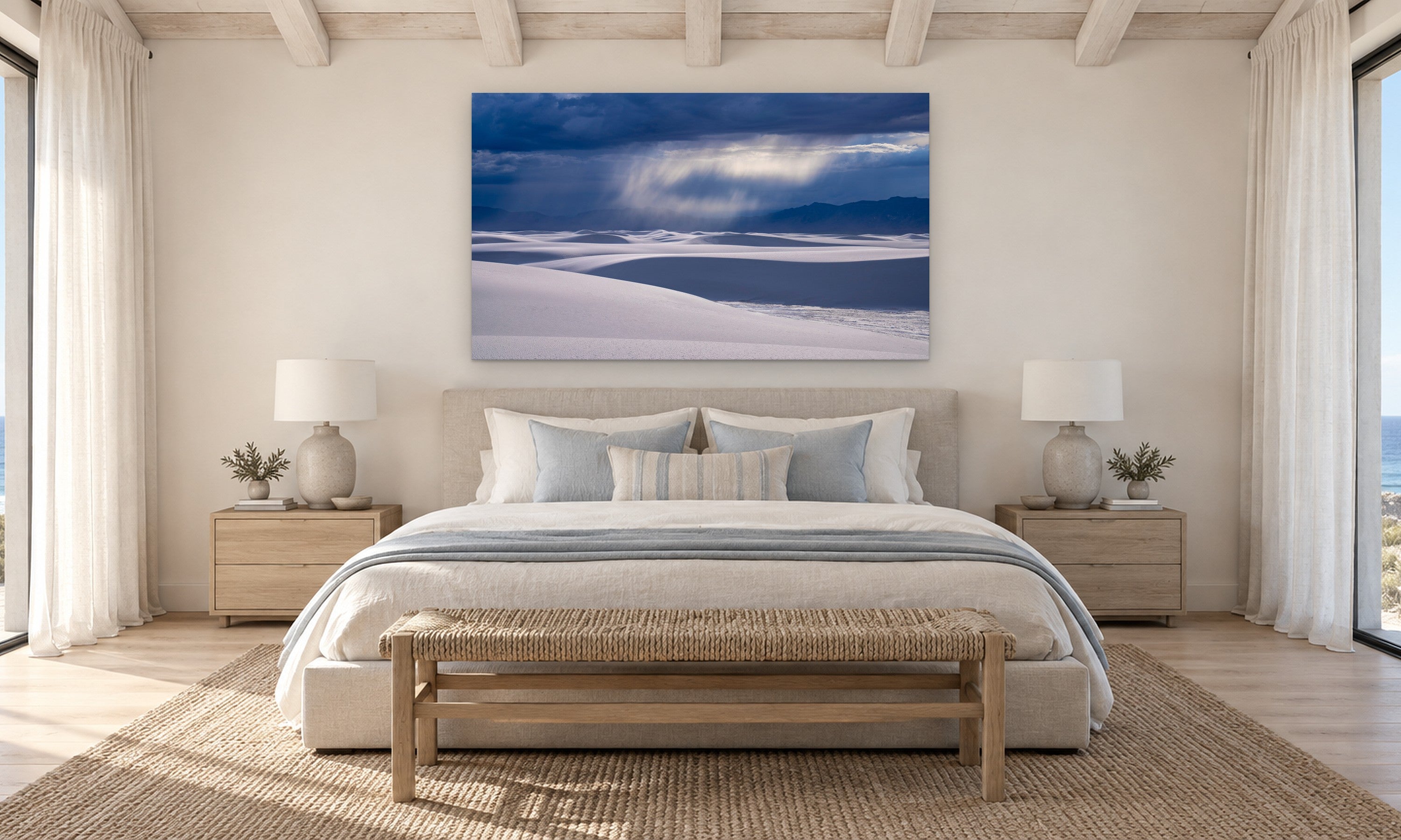 Dune Rain by Aaron Chang, shown in a coastal bedroom