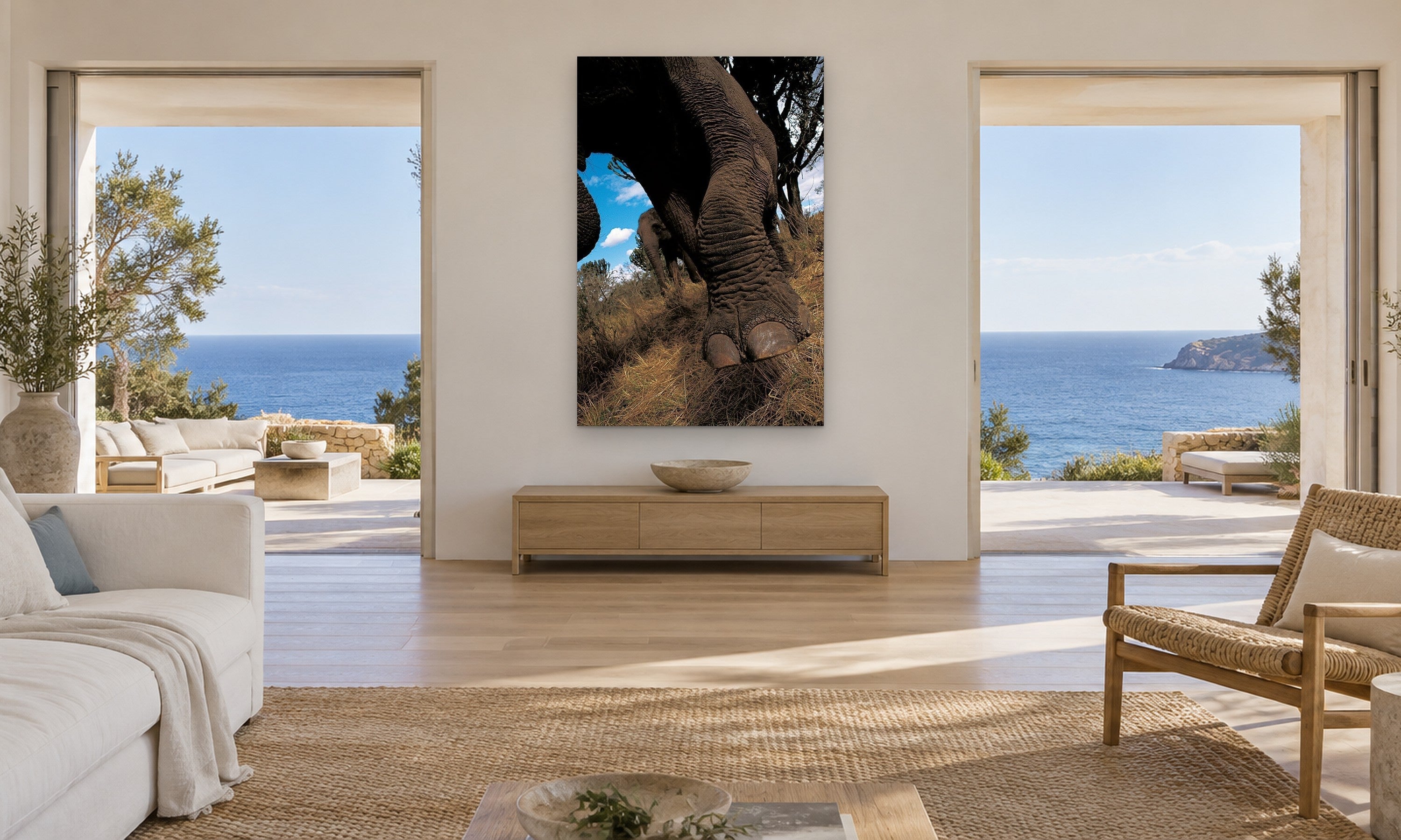 Elephants Foot by Aaron Chang, shown in a living room with ocean doorways