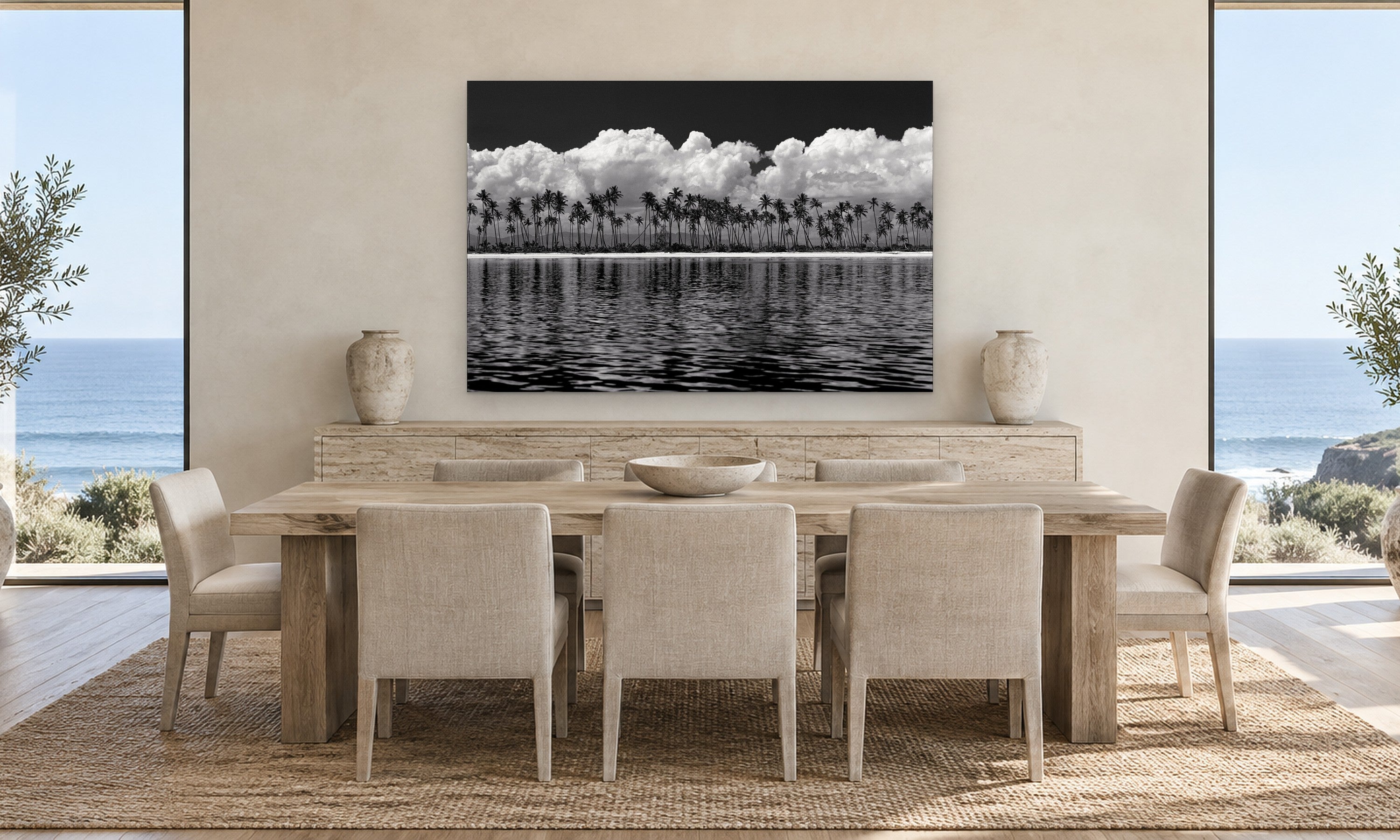 Fiji Palms by Aaron Chang, shown in a coastal dining room