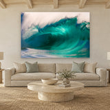 Green Waimea Shorebreak by Aaron Chang, shown in a coastal living room