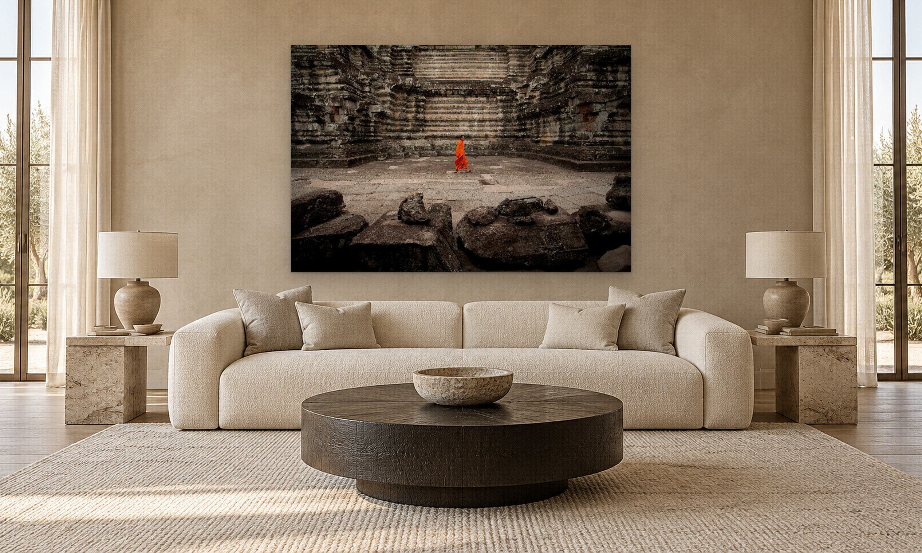Lone Monk by Aaron Chang, shown in a modern living room