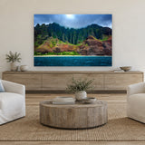 NaPali Detail by Aaron Chang, shown in a coastal family room
