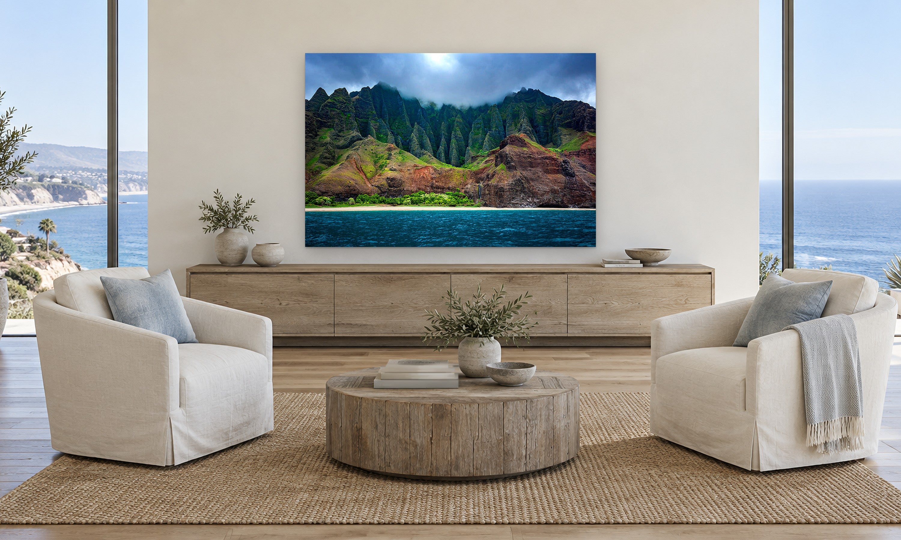 NaPali Detail by Aaron Chang, shown in a coastal family room