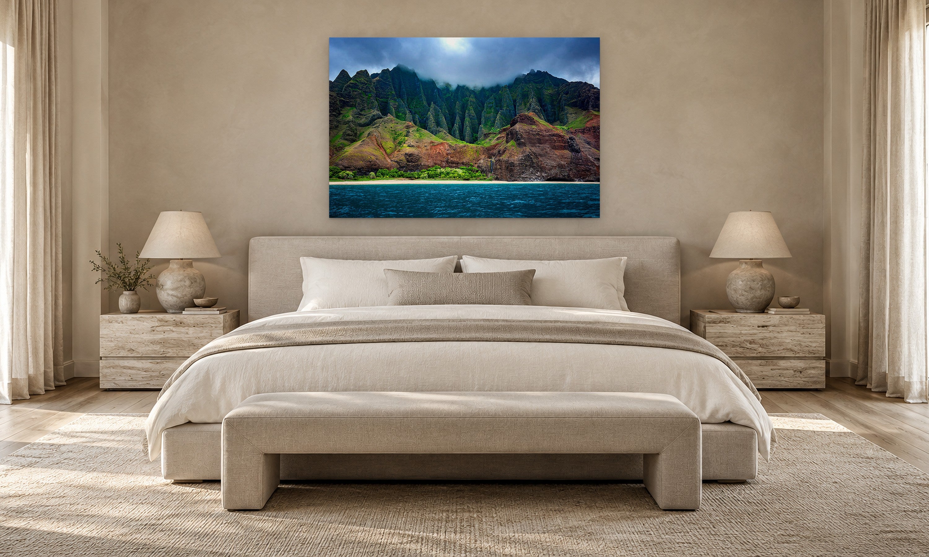 NaPali Detail by Aaron Chang, shown in a serene bedroom