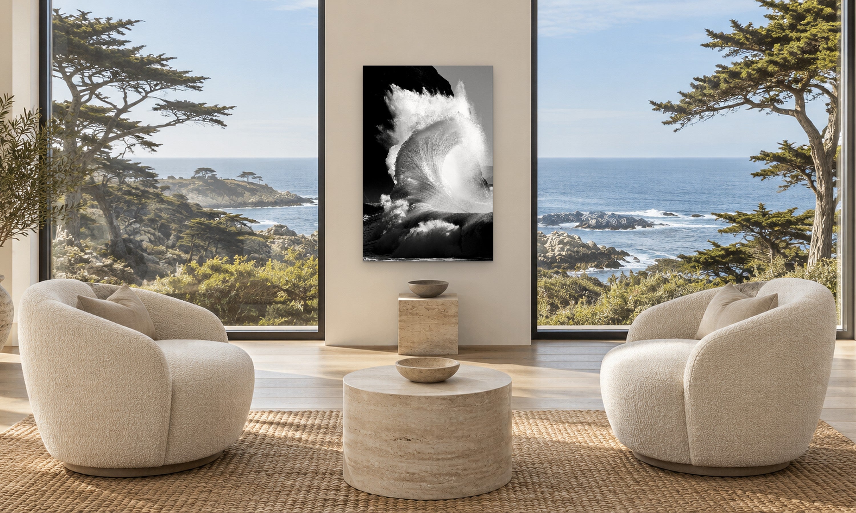 Nautilus by Aaron Chang, shown in a living room with ocean windows