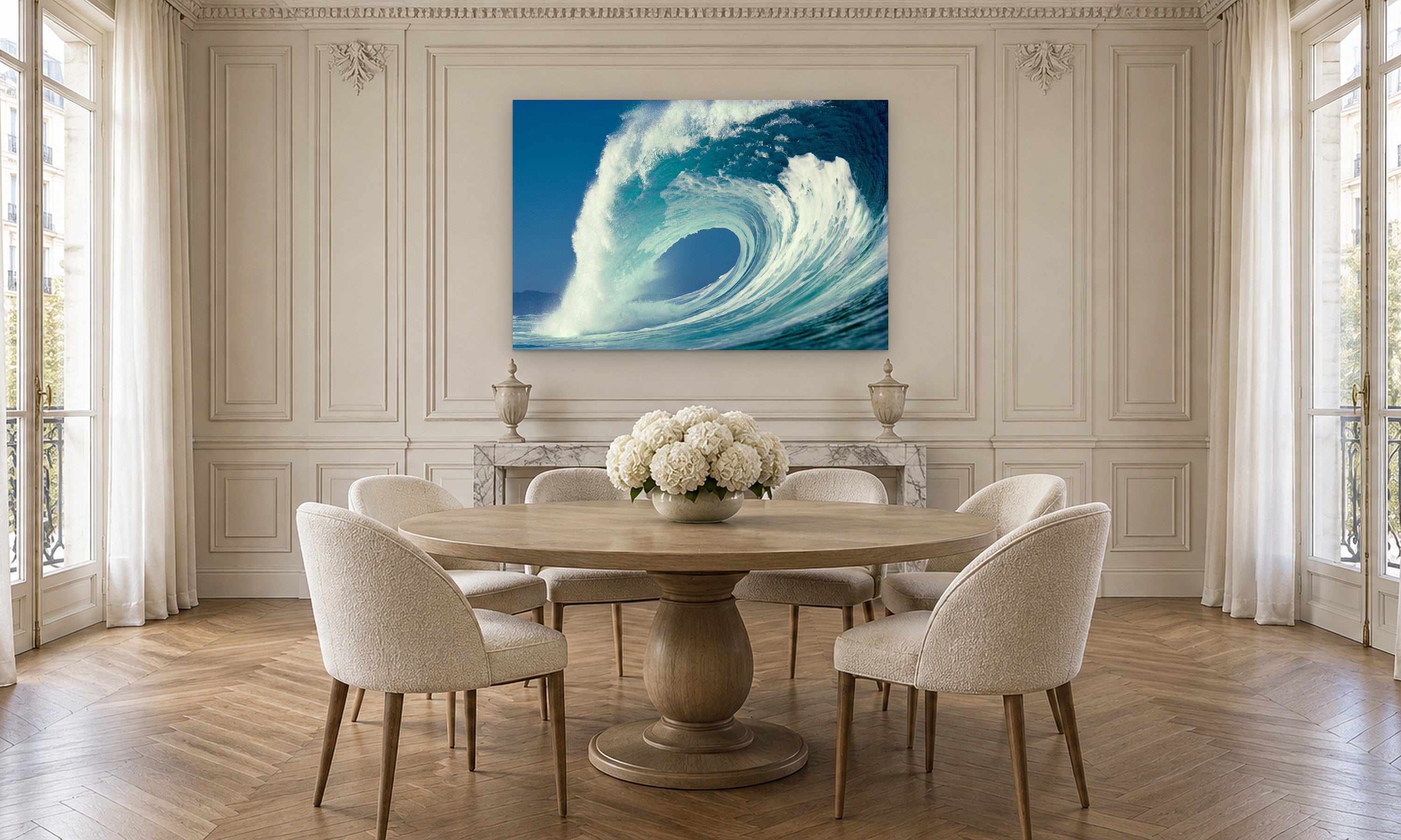 Pipeline Cover by Aaron Chang, shown in a Parisian dining room
