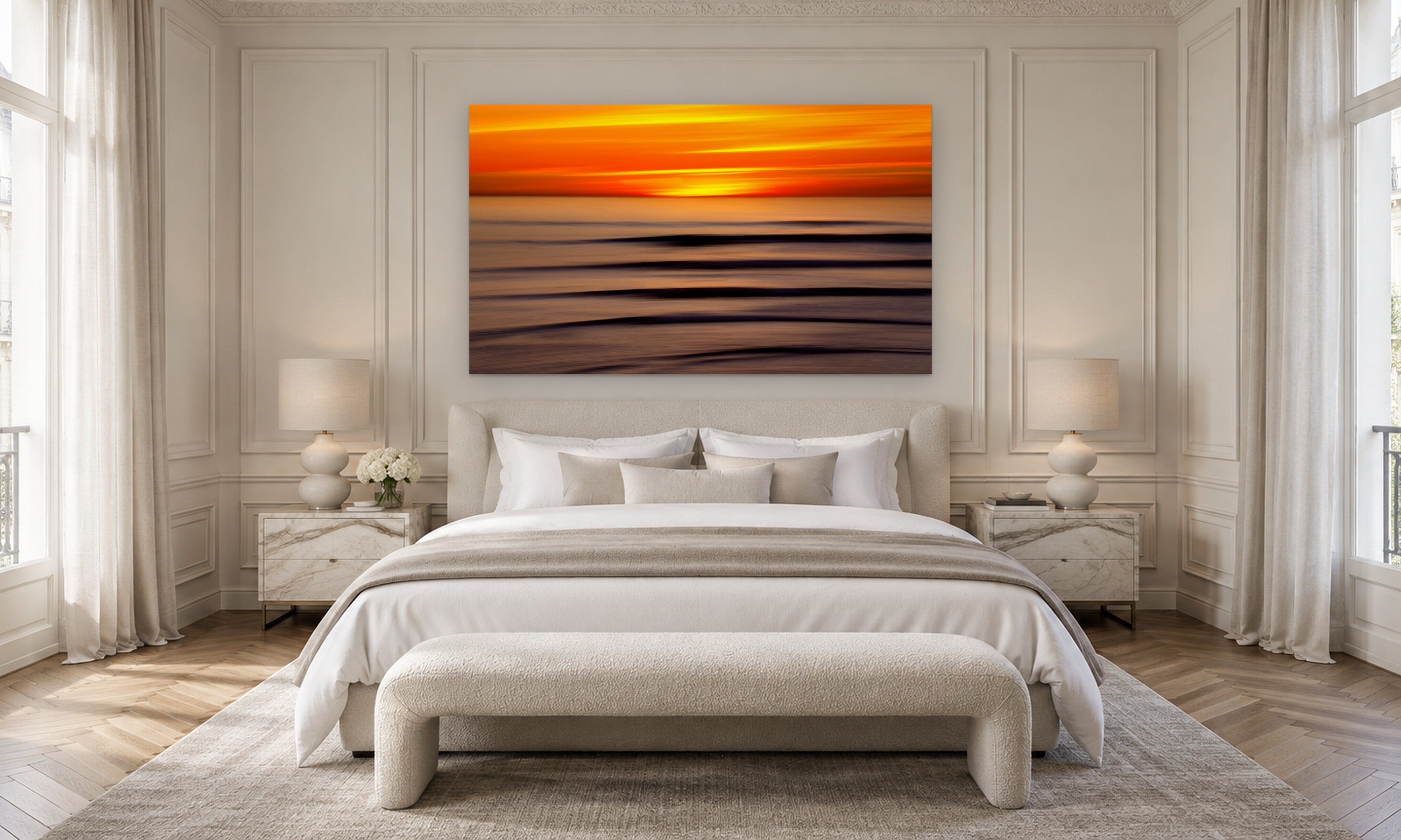 Saffron Sky by Aaron Chang, shown in a Parisian bedroom