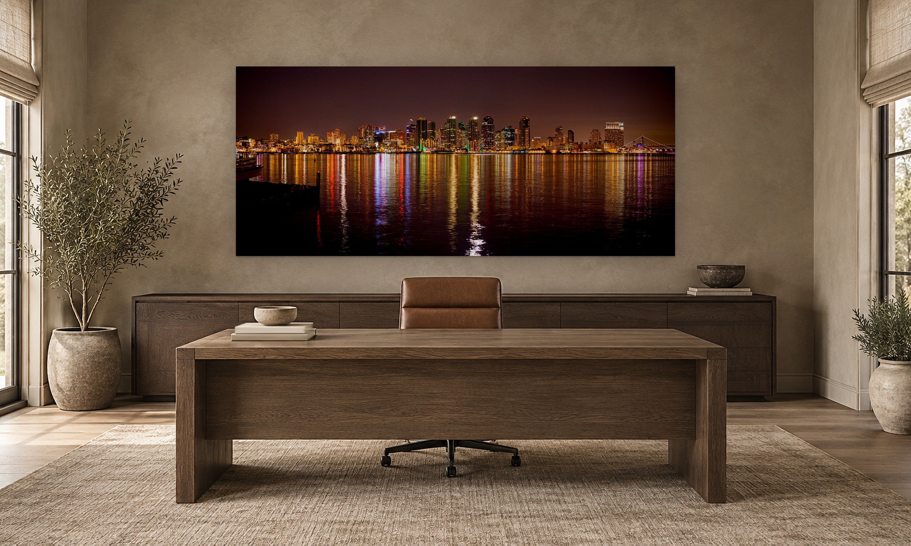 San Diego Night Skyline by Aaron Chang, shown in a study