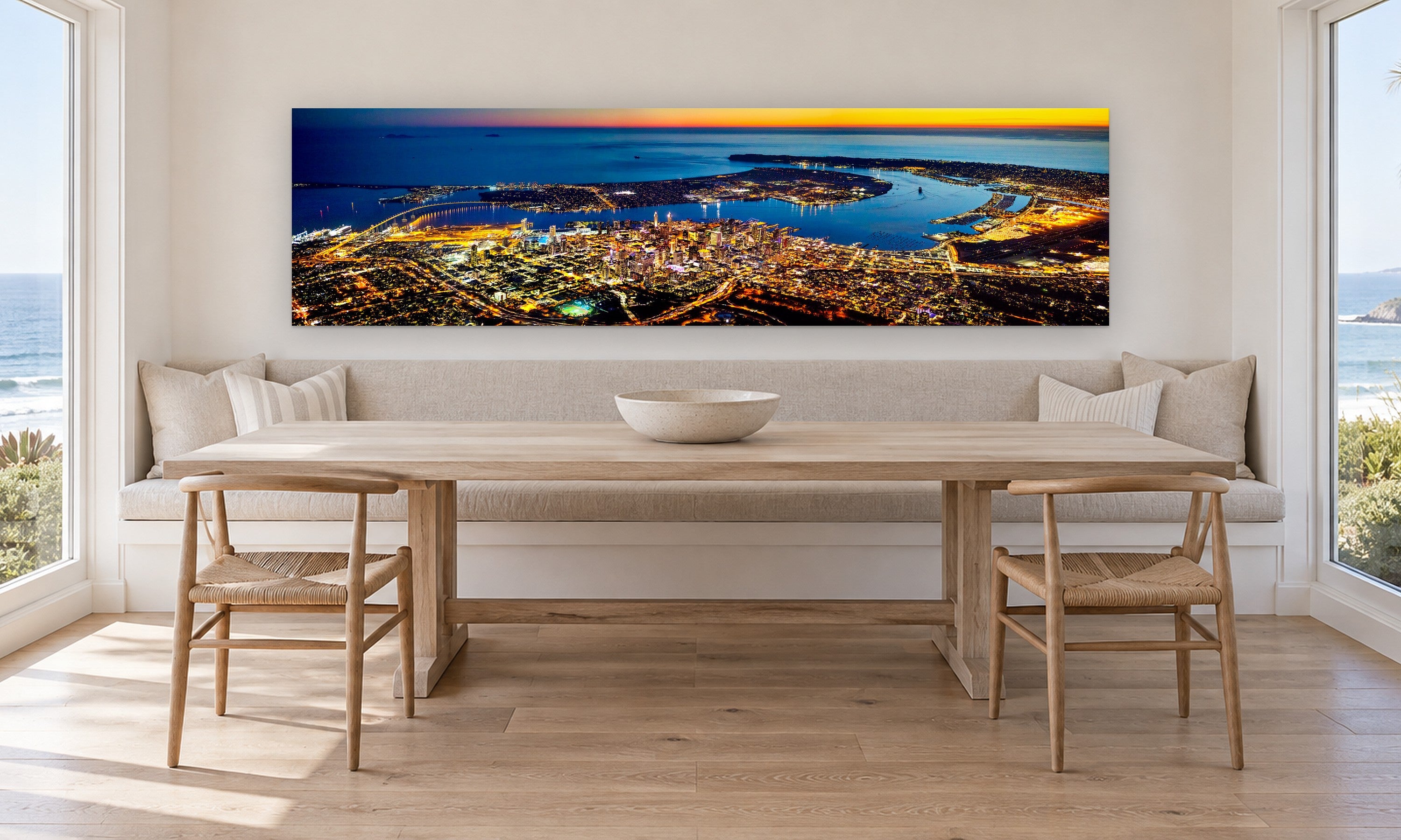 San Diego Twilight Pano by Aaron Chang, shown in a coastal breakfast room