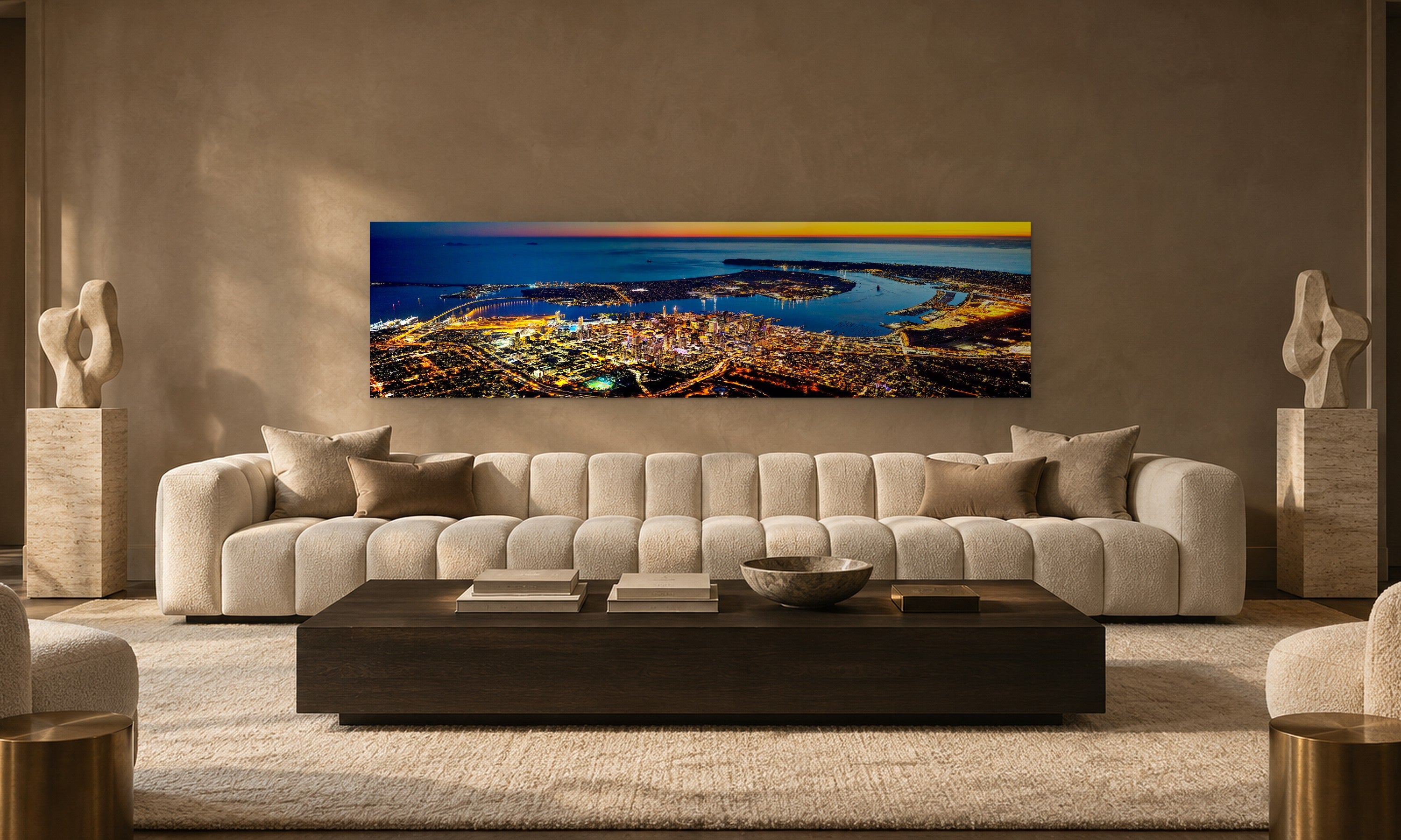 San Diego Twilight Pano by Aaron Chang, shown in a modern lounge
