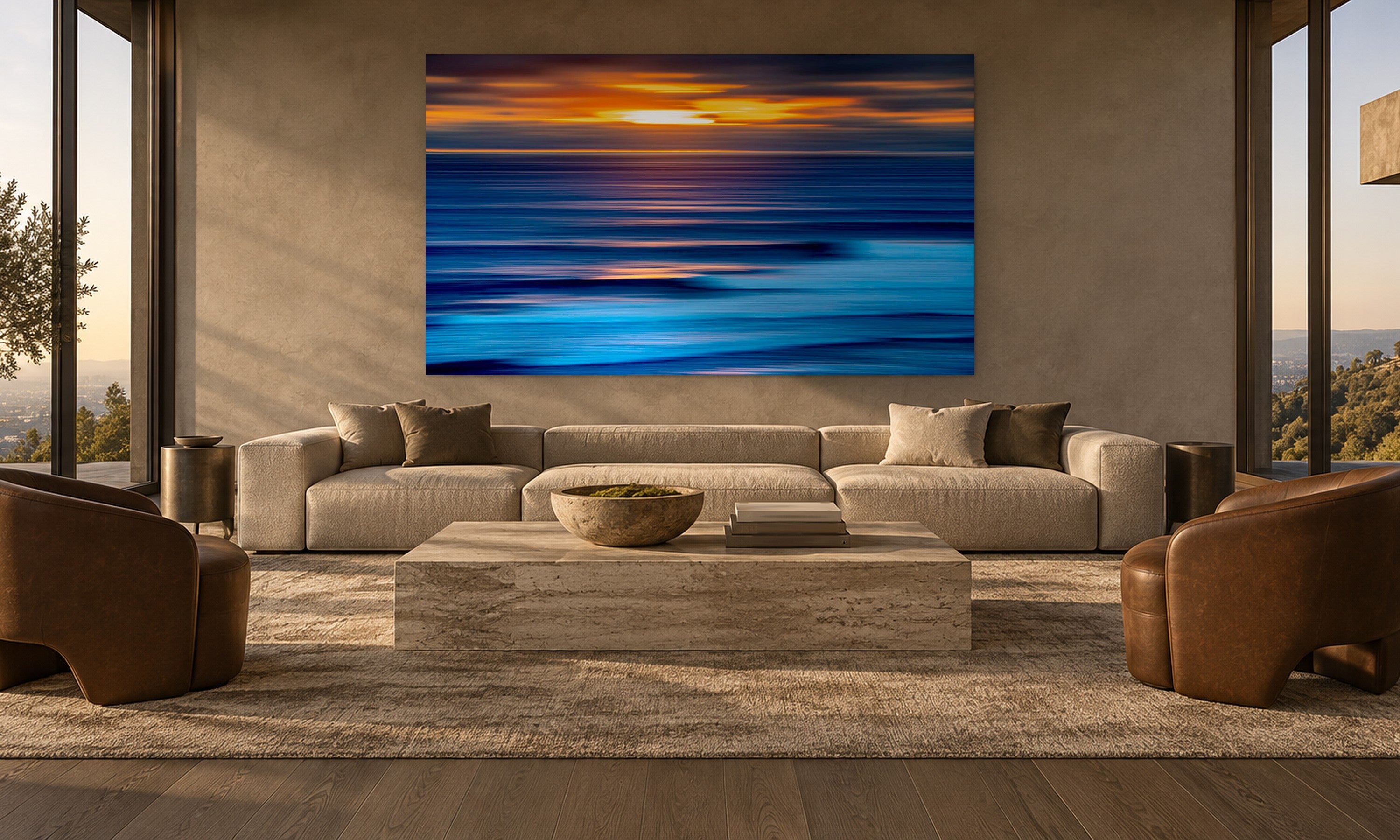Sapphire Swell by Aaron Chang, shown in a plaster-walled living room