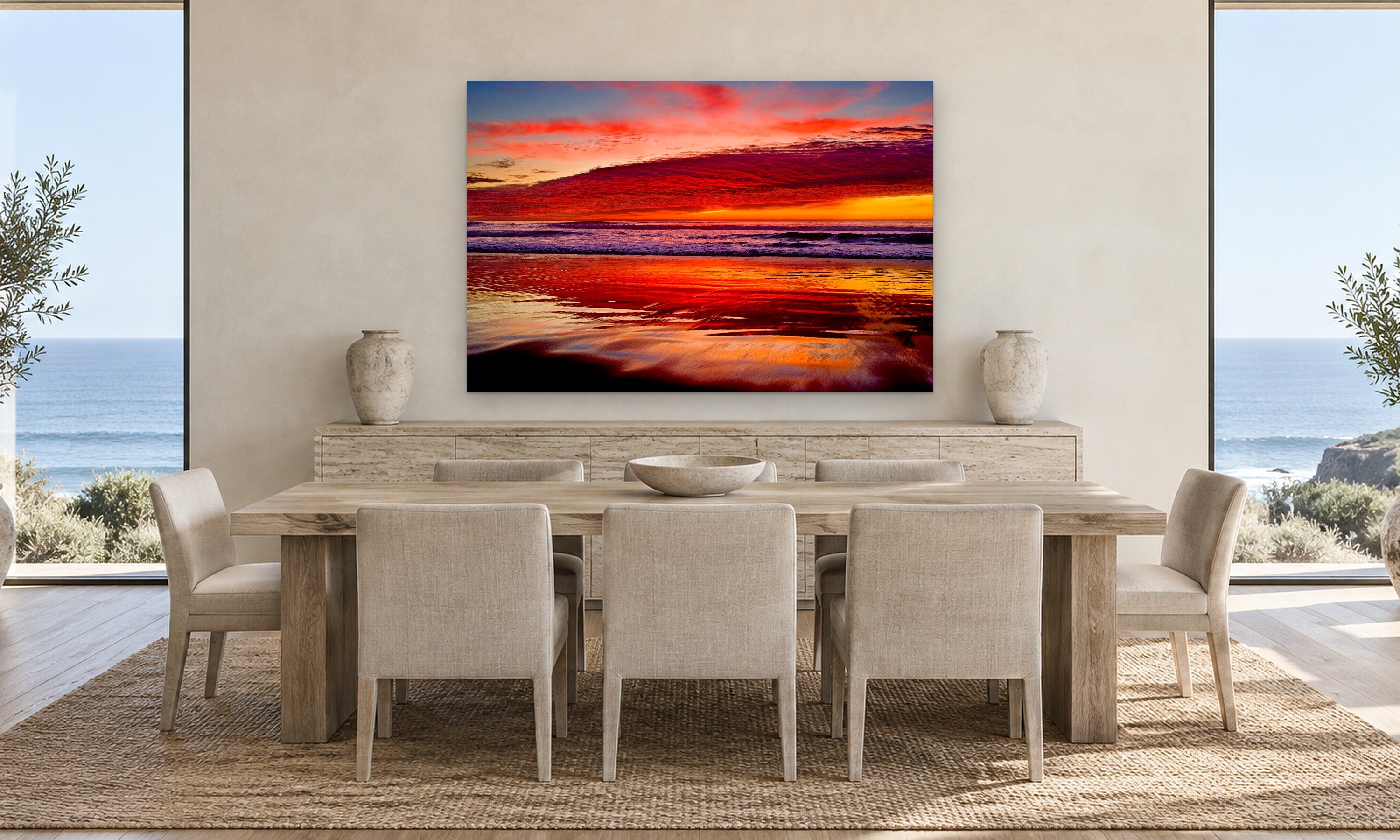 Seaside Sunset by Aaron Chang, shown in a coastal dining room