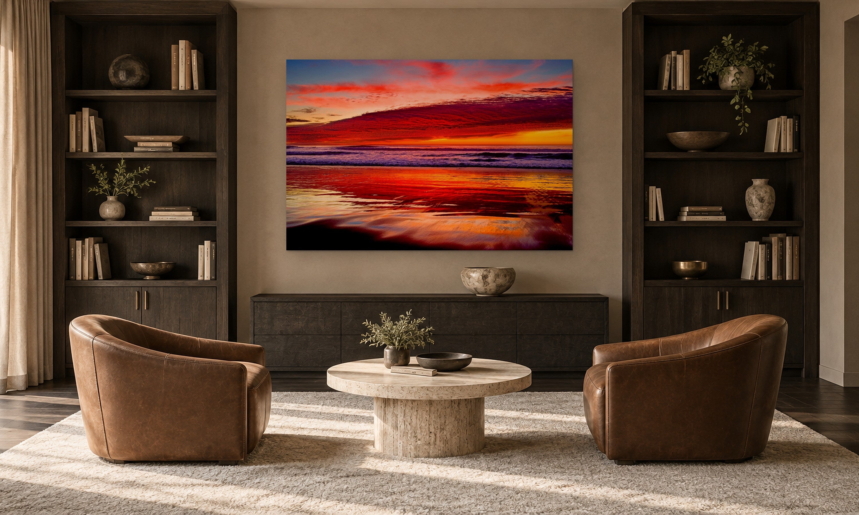 Seaside Sunset by Aaron Chang, shown in a library