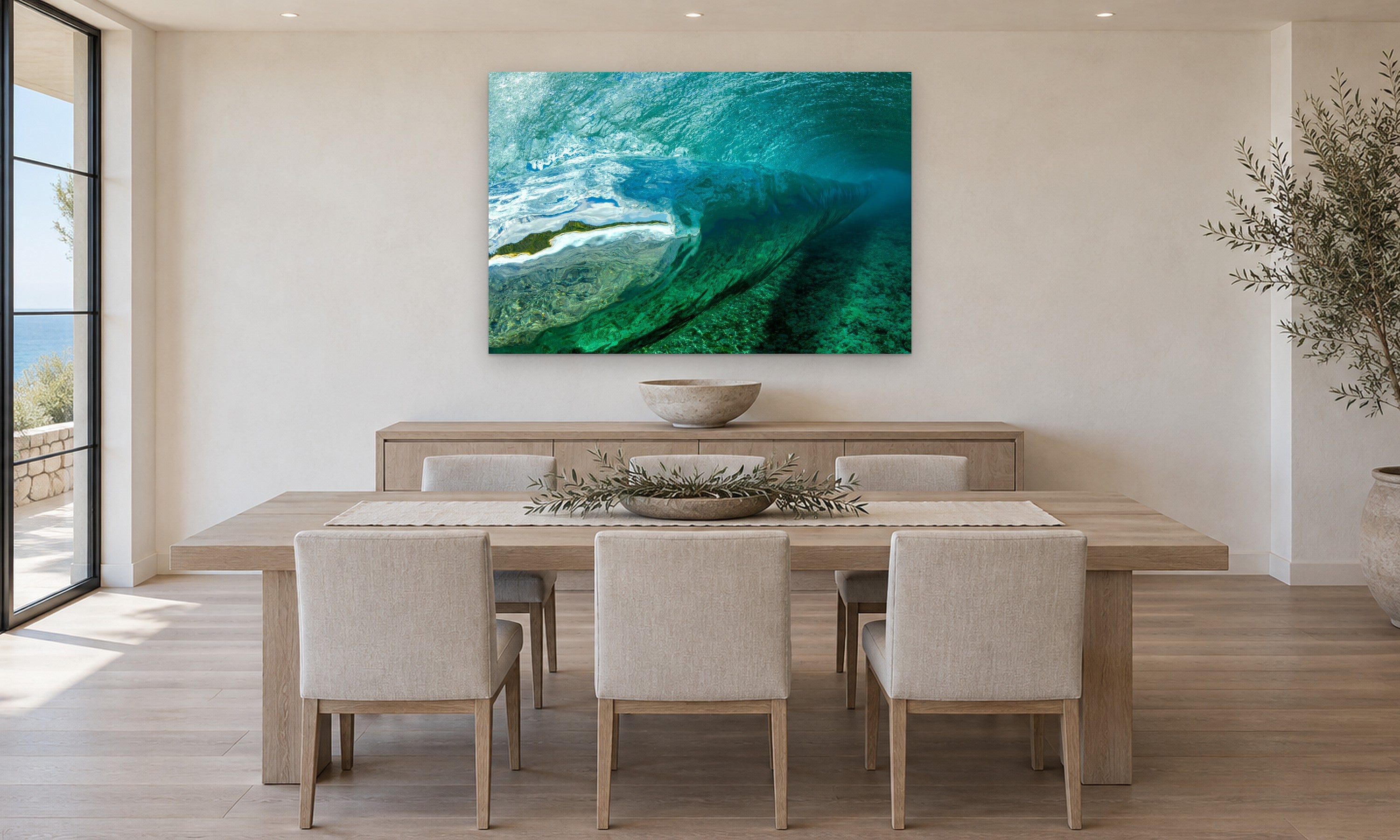 Secret Reef by Aaron Chang, shown in a coastal dining room