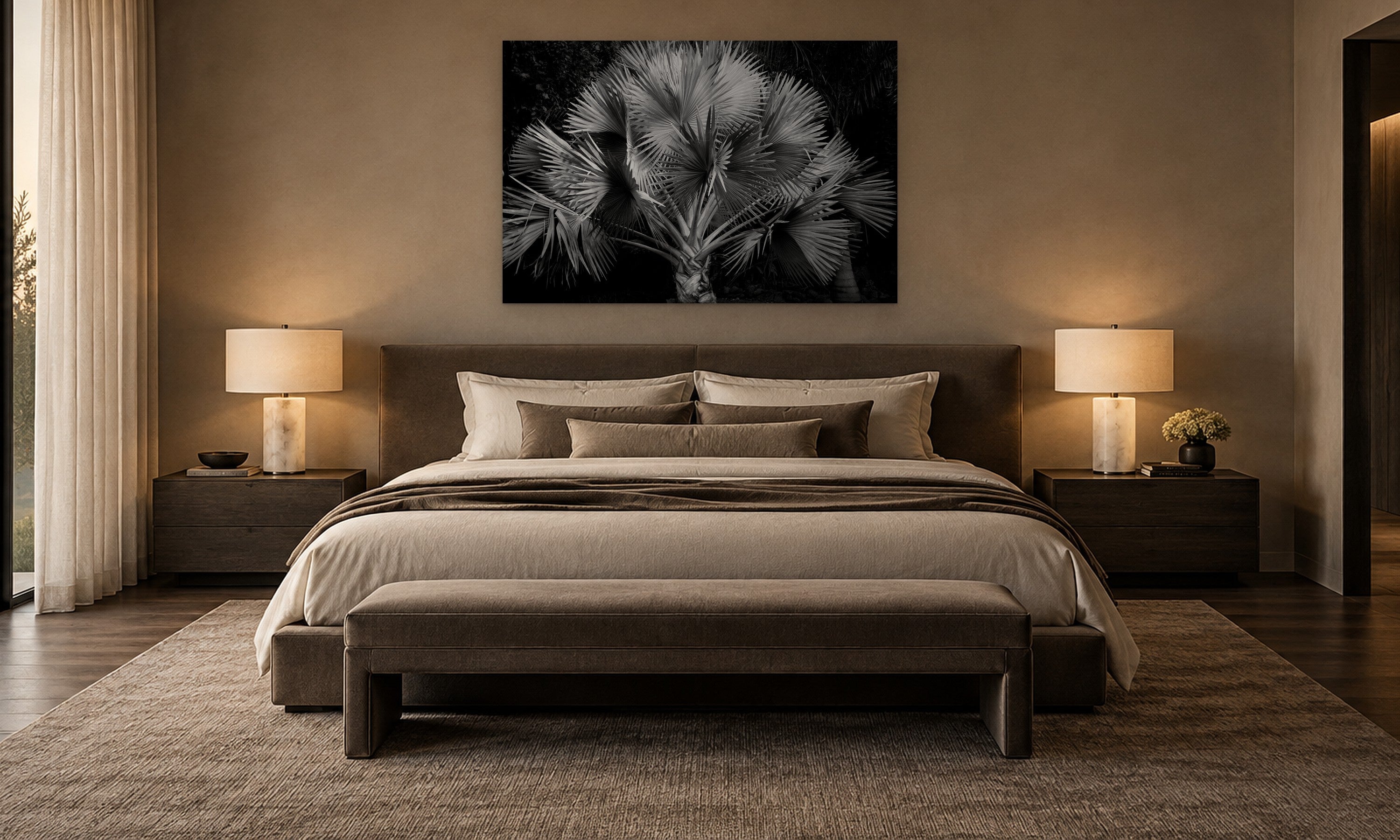 Silver Palm by Aaron Chang, shown in an elegant bedroom