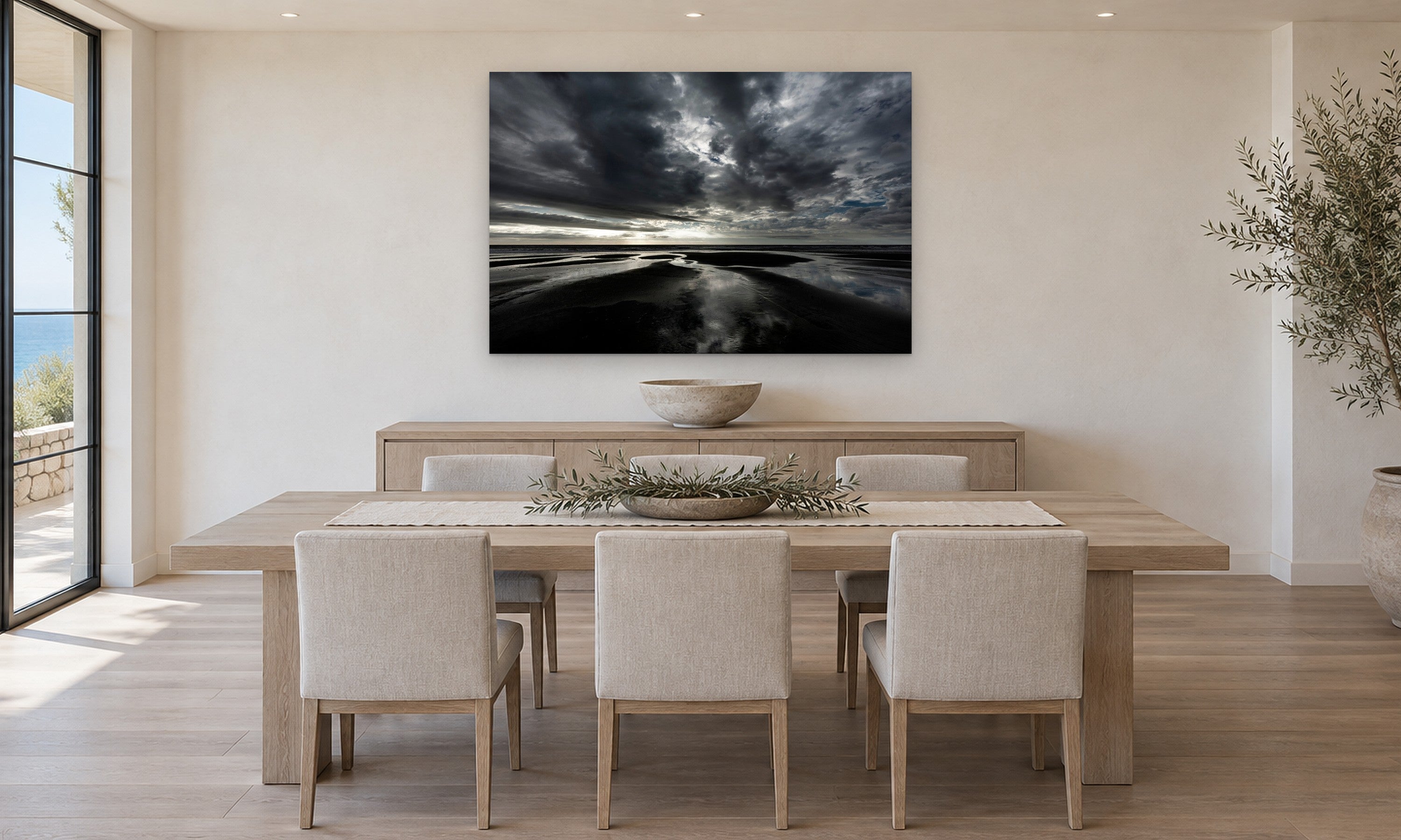 Silver Lining by Aaron Chang, shown in a coastal dining room