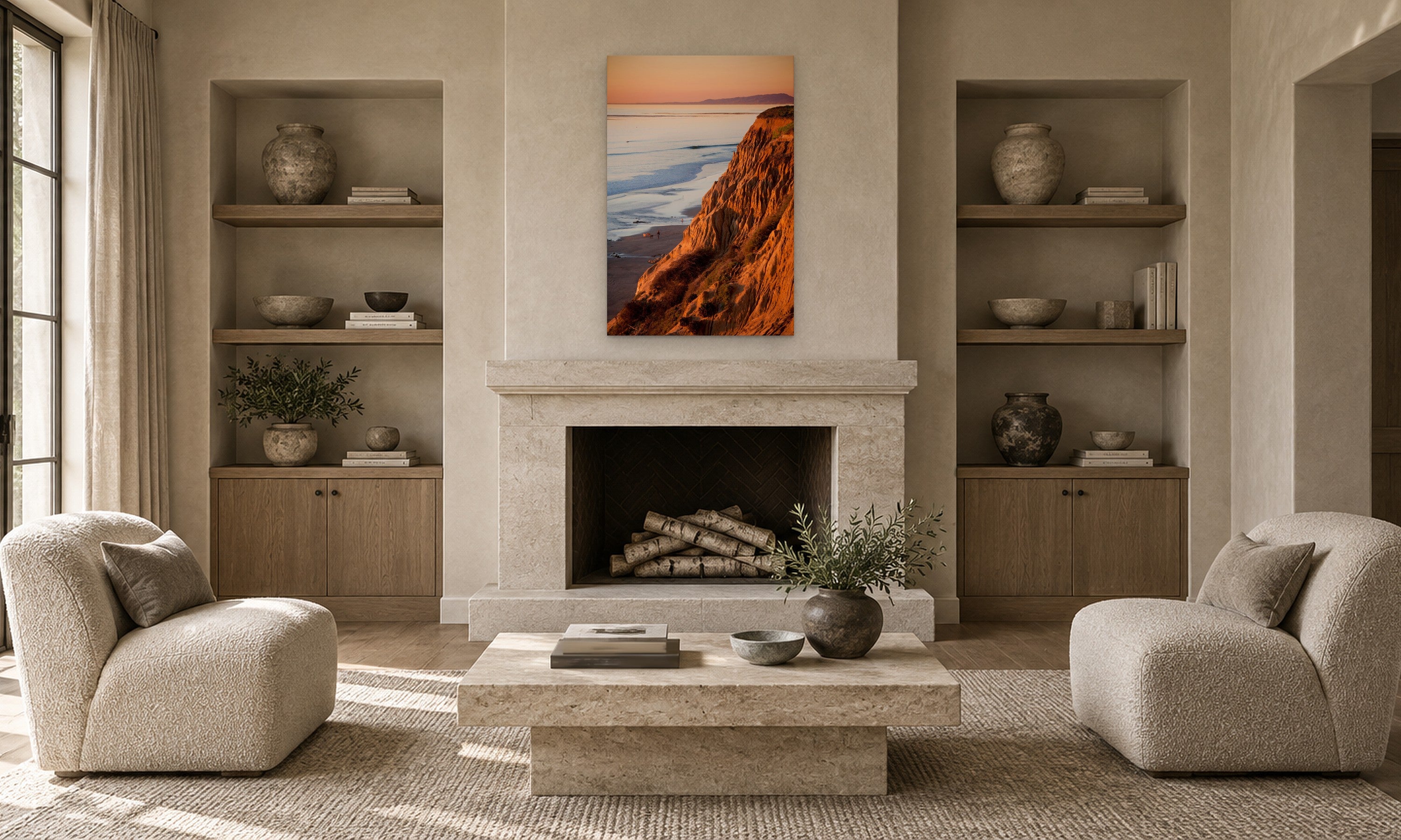 Solana Cliffs by Aaron Chang, shown in a living room with a stone fireplace