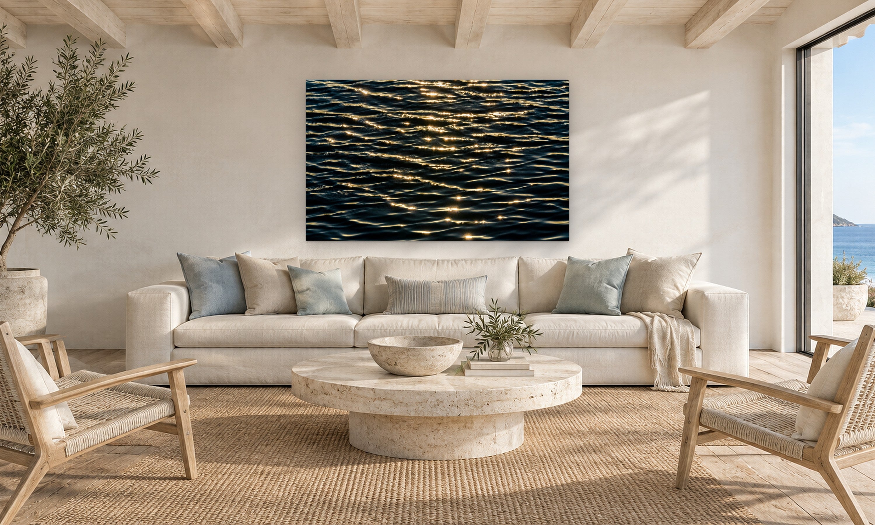 Sparkles by Aaron Chang, shown in a beach-house living room