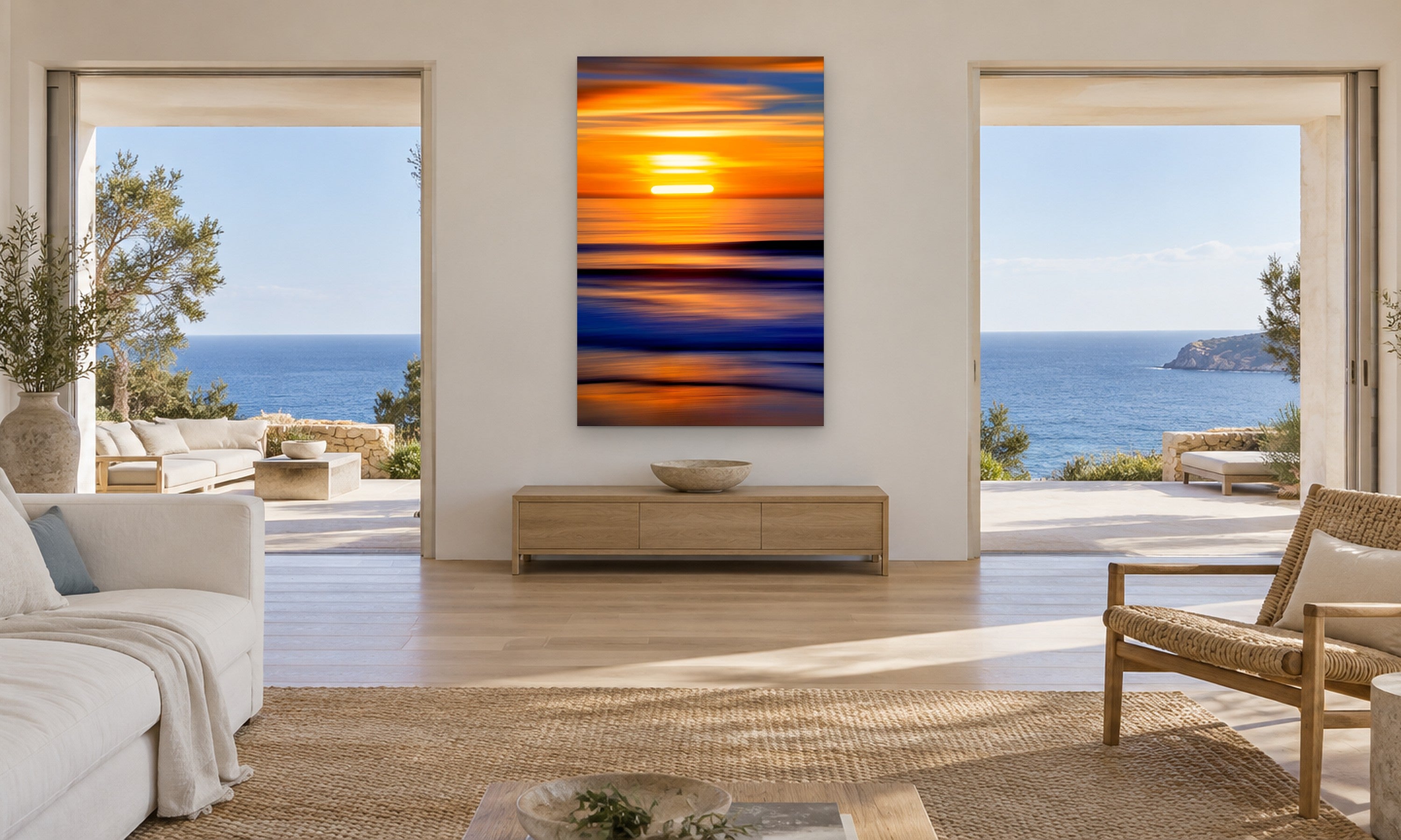 Sun Dance Vertical by Aaron Chang, shown in a living room with ocean doorways
