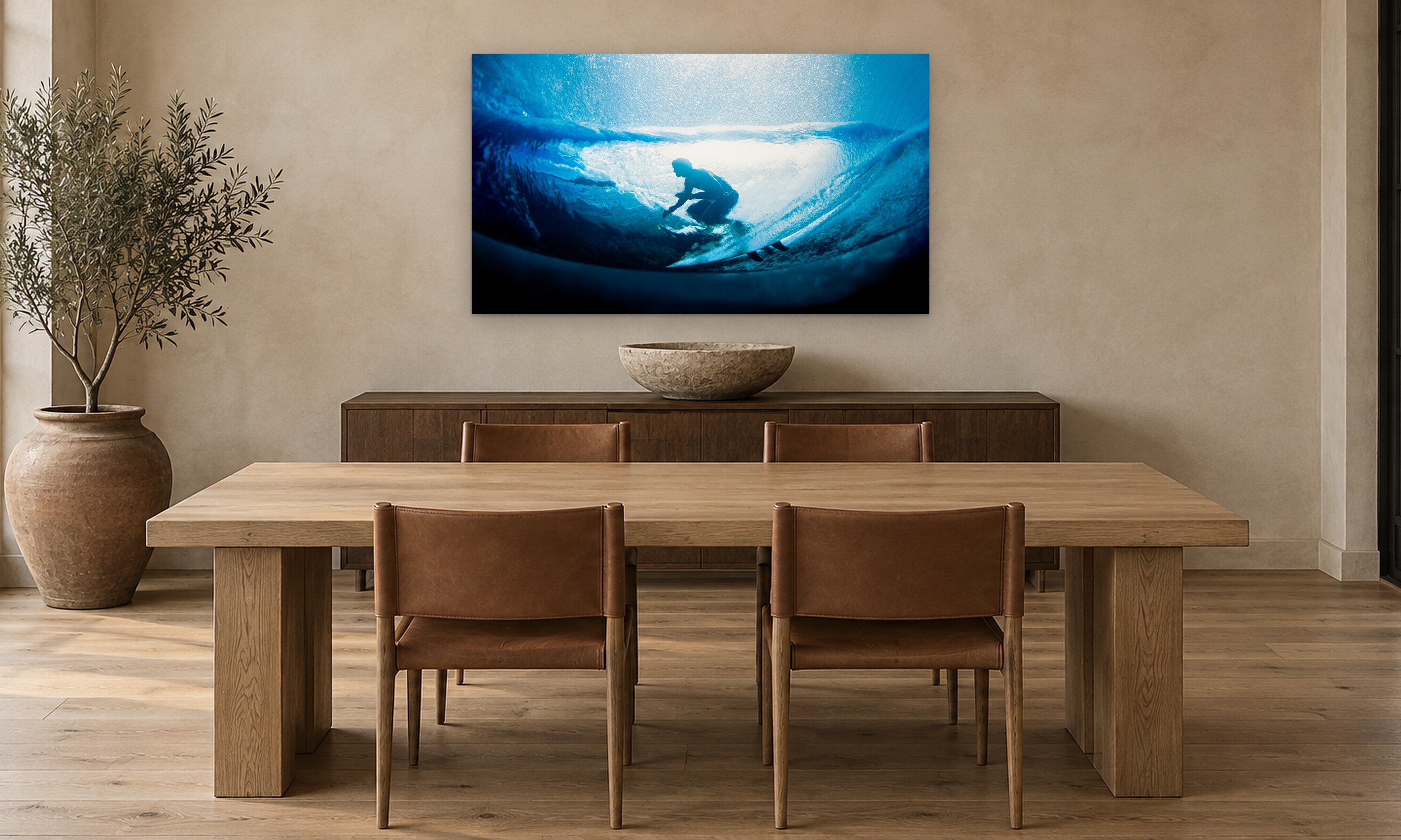 Tahiti Underwater by Aaron Chang, shown in a modern dining room
