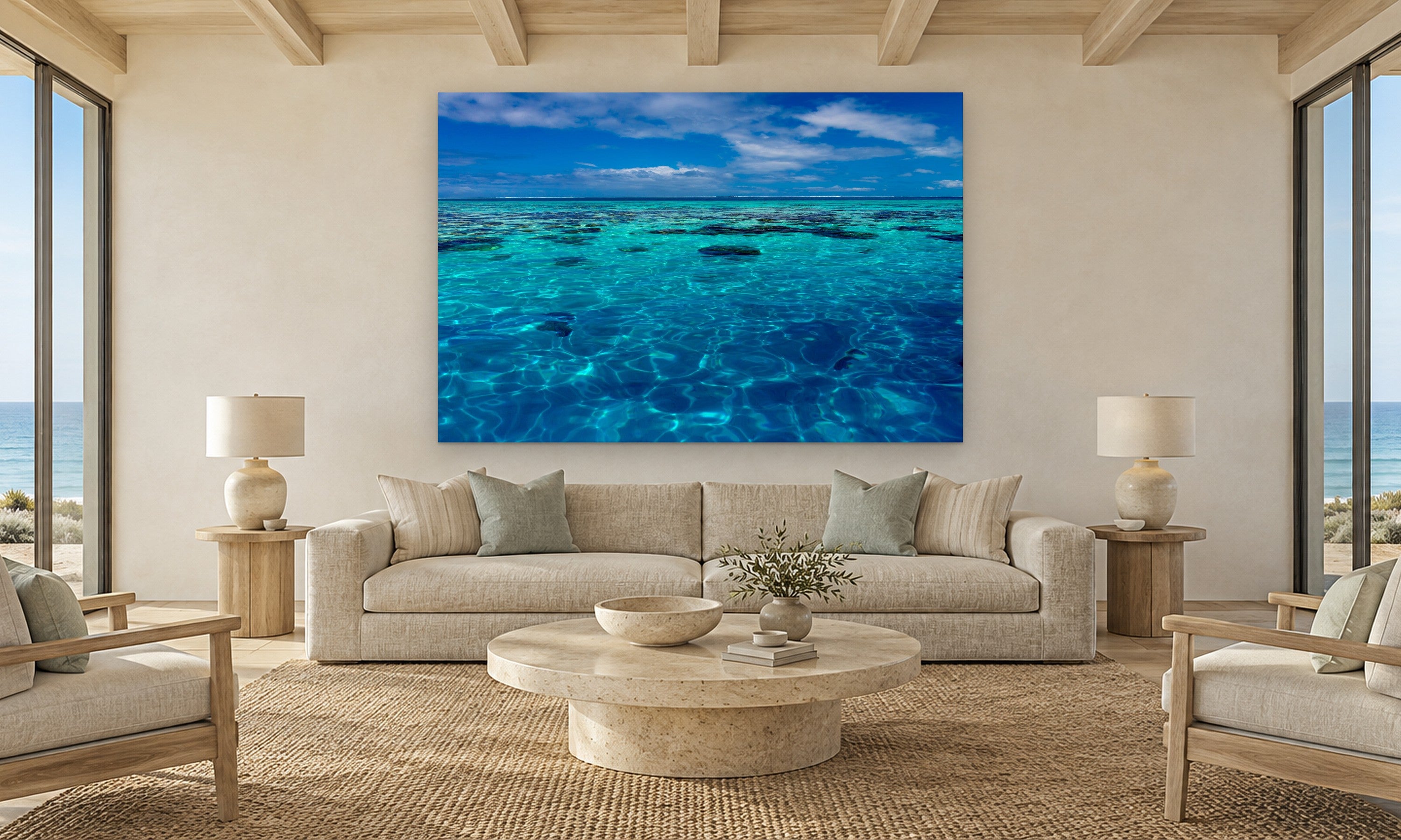 Tahiti Reef by Aaron Chang, shown in a coastal living room