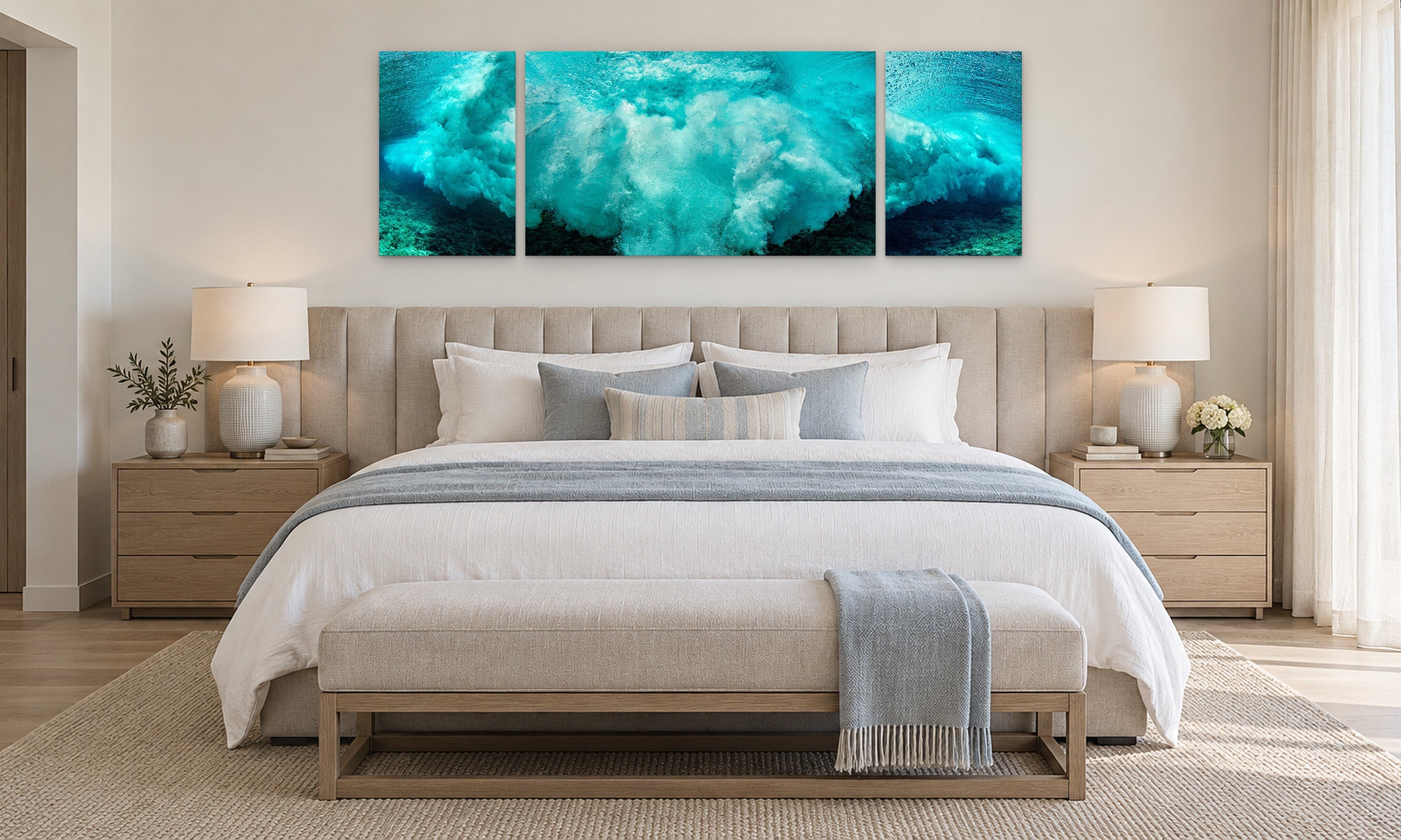 The Force Triptych by Aaron Chang, shown in a coastal bedroom