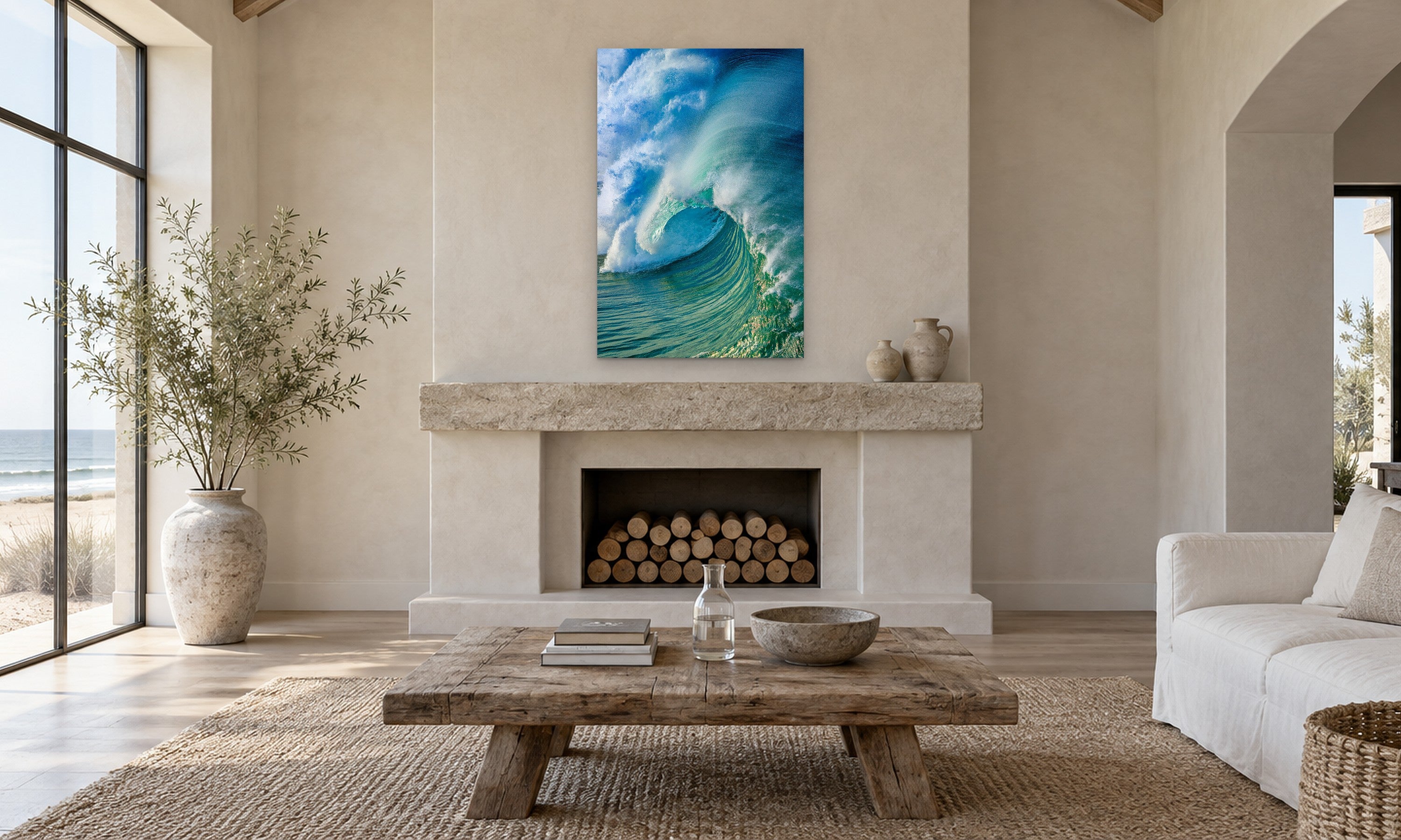 Thunder & Rain by Aaron Chang, shown in a coastal living room with a fireplace