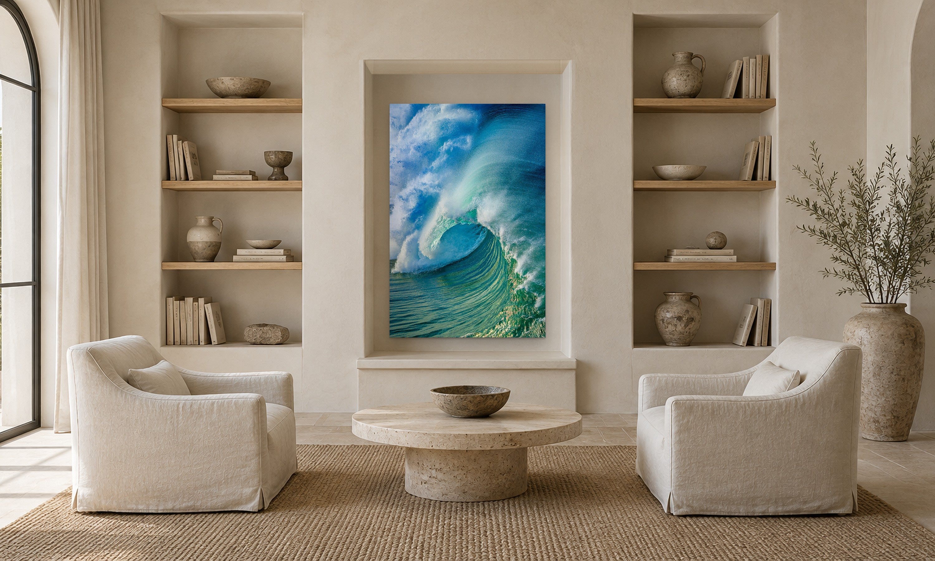 Thunder & Rain by Aaron Chang, shown in a living room with a plaster niche