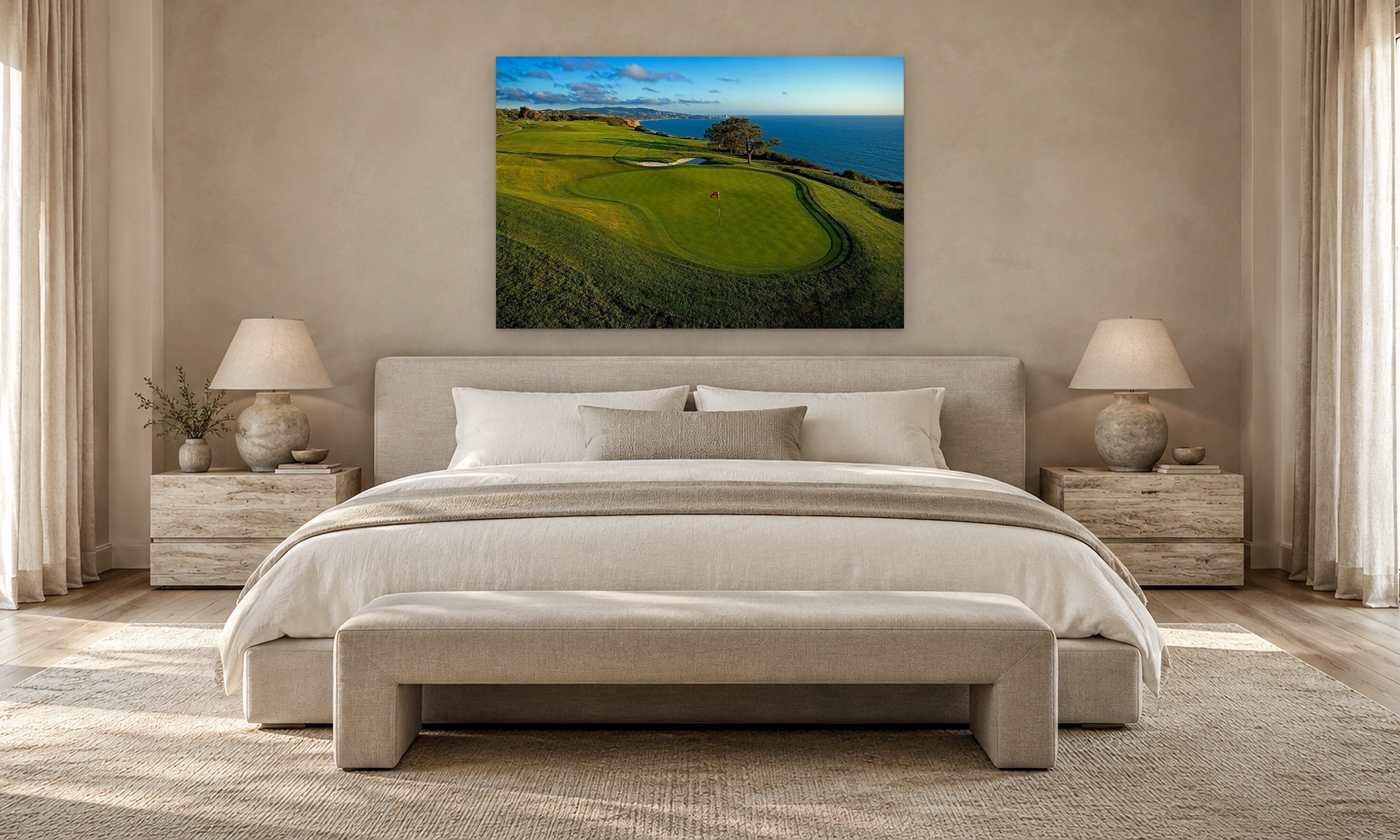 Torrey Pines 4th Hole by Aaron Chang, shown in a serene bedroom