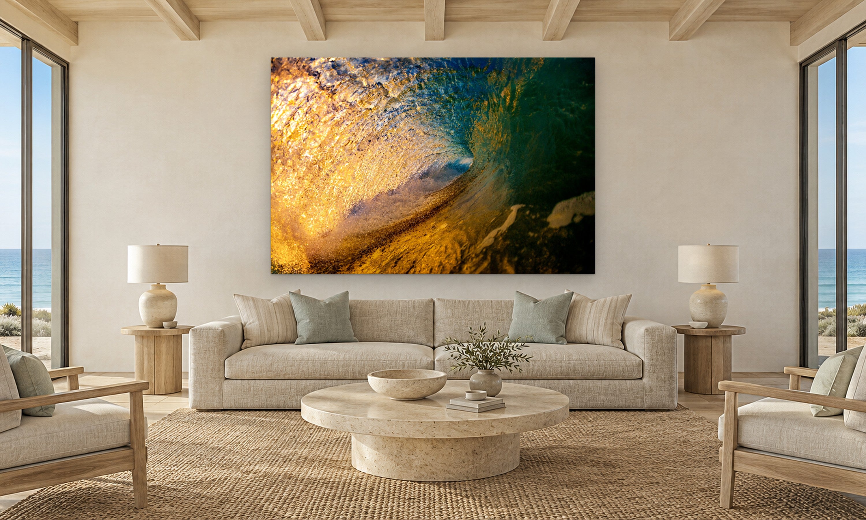 Torrey Pines Sunrise by Aaron Chang, shown in a coastal living room