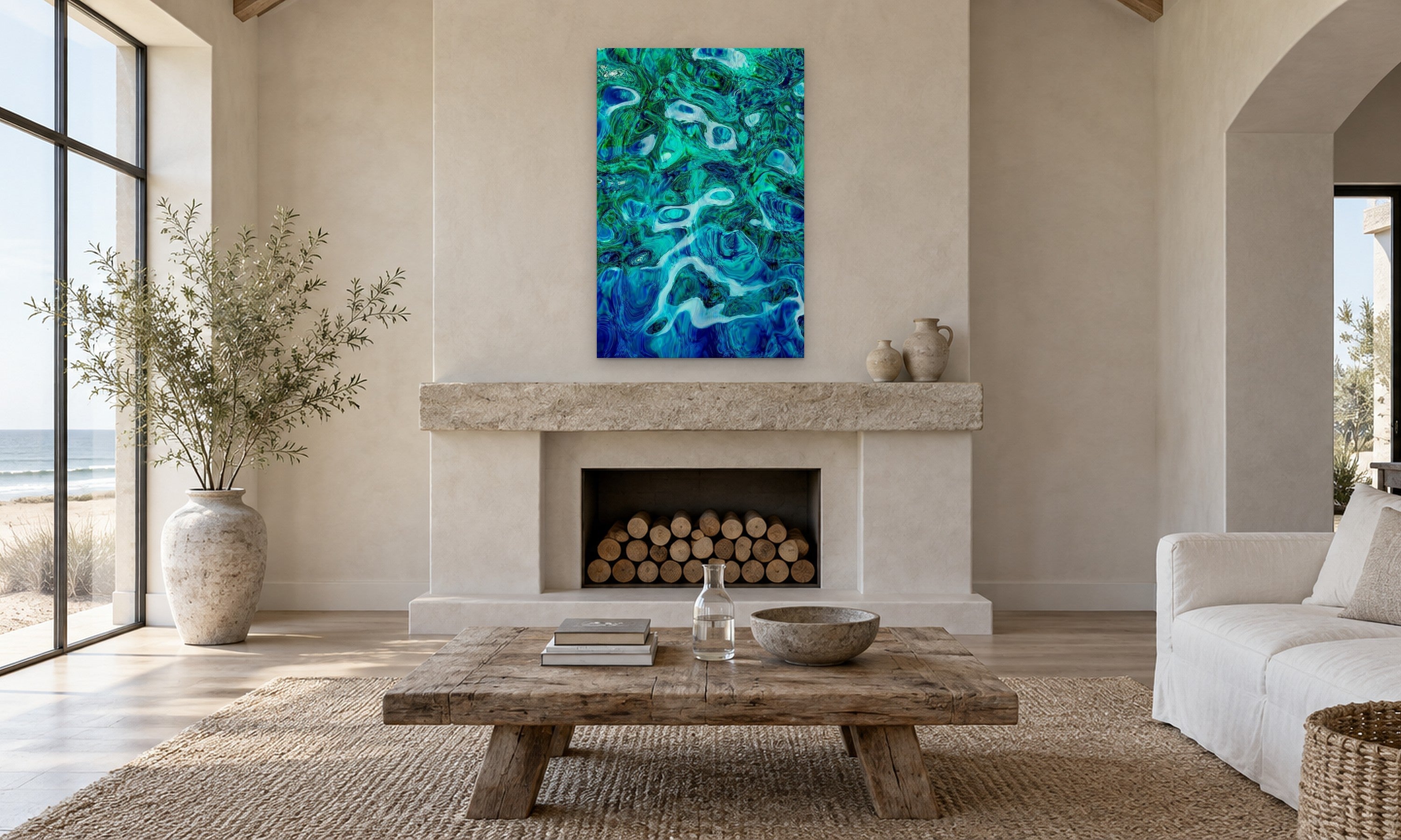 Tonga Vertical by Aaron Chang, shown in a coastal living room with a fireplace