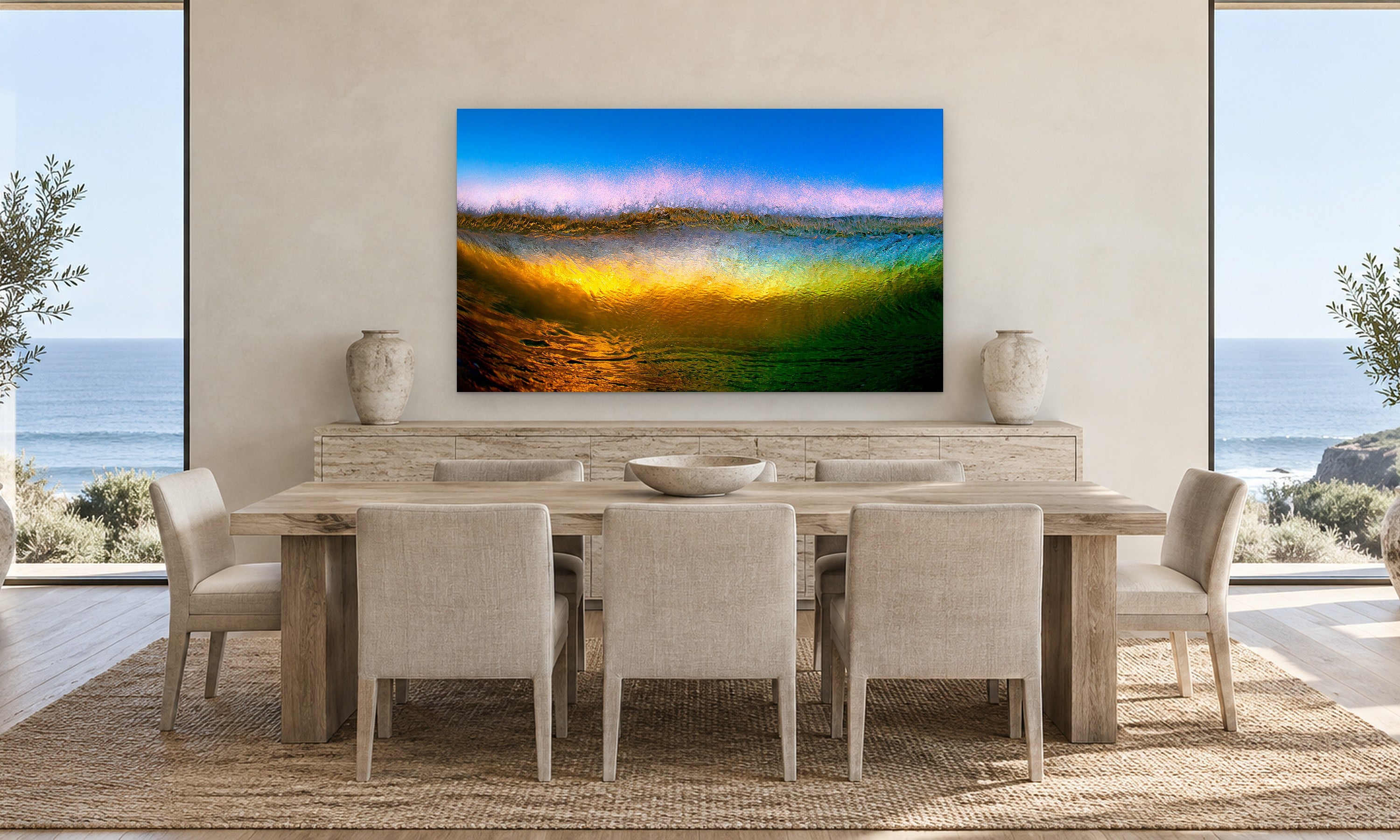 Wave Abstract by Aaron Chang, shown in a coastal dining room