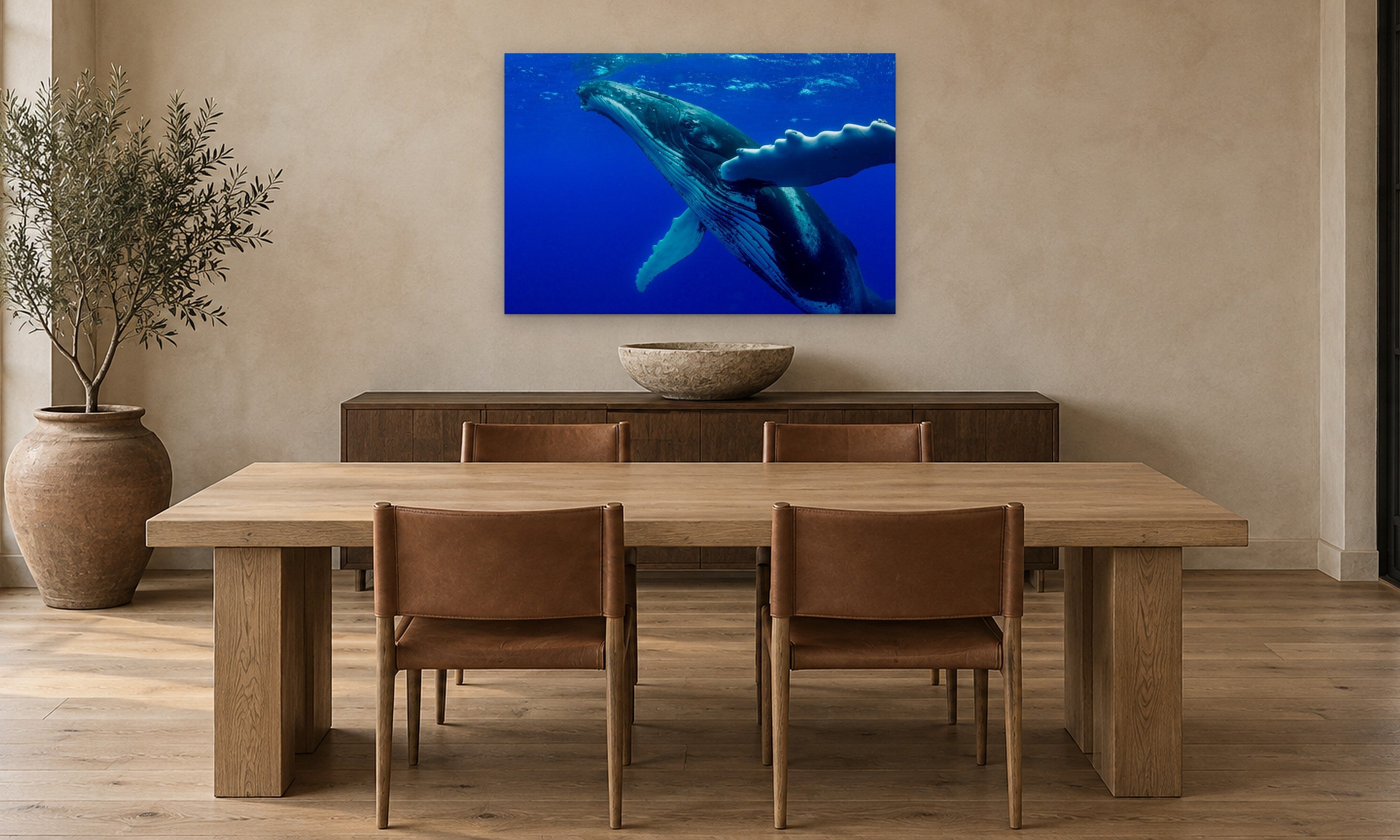 Whale Encounter by Aaron Chang, shown in a modern dining room